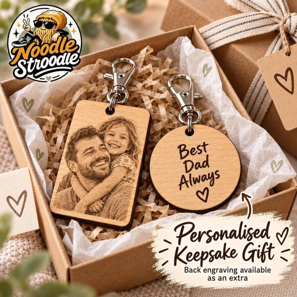 Personalised Wooden Photo Keyring, Custom Family Keepsake Gift (Laser Engraved)