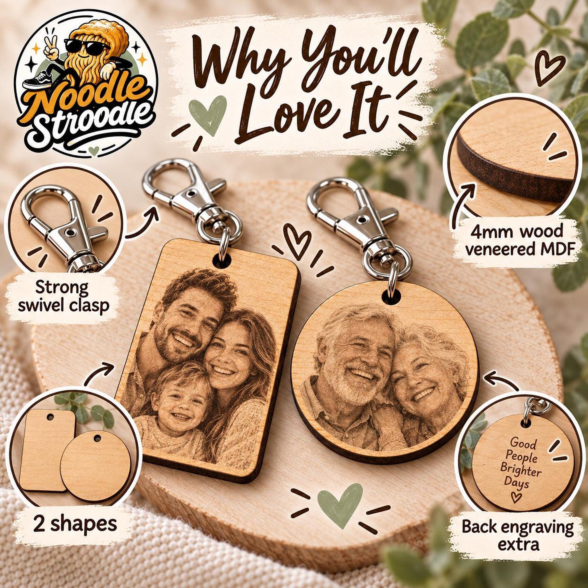 Personalised Wooden Photo Keyring, Custom Family Keepsake Gift (Laser Engraved) - Image 6