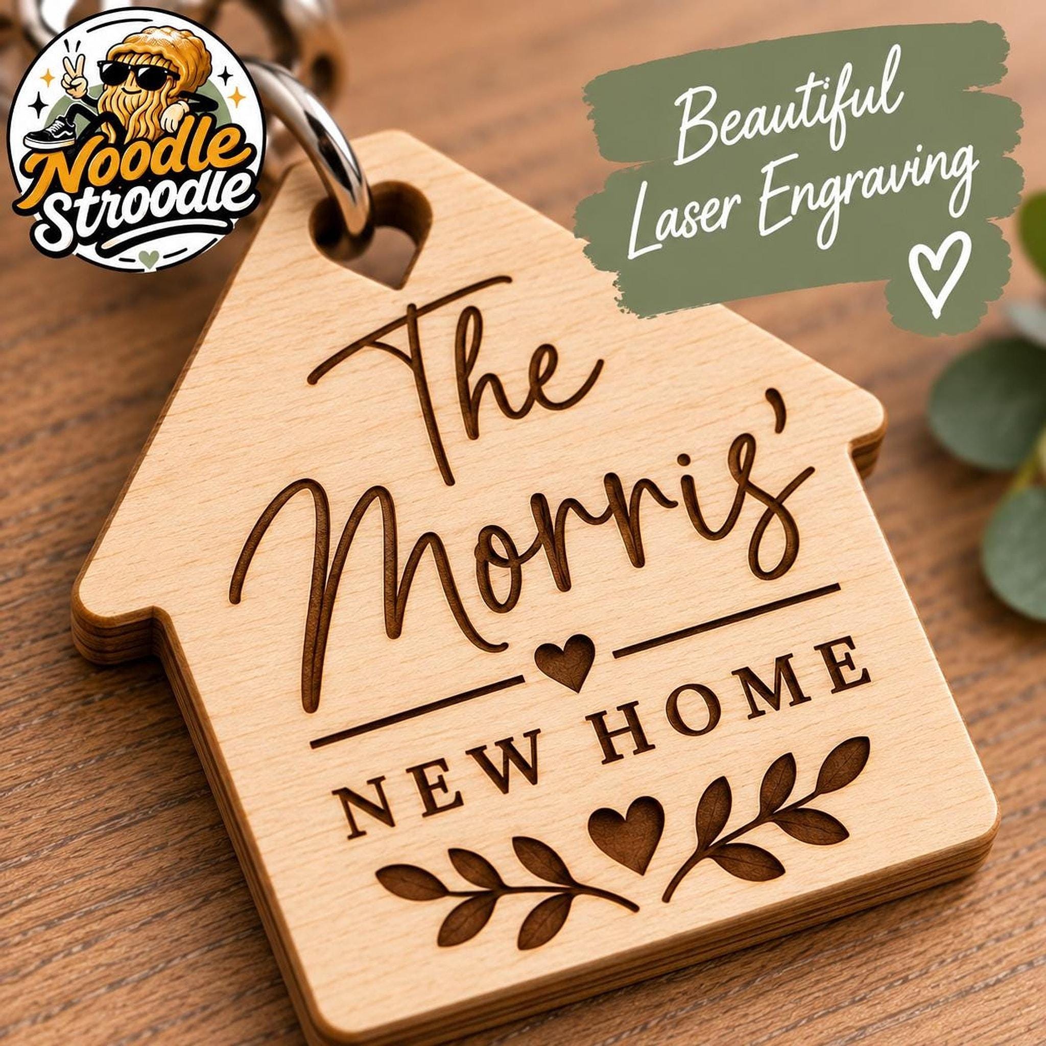 Personalised Wooden House Keyring, New Home Keepsake, Engraved Family Name Gift