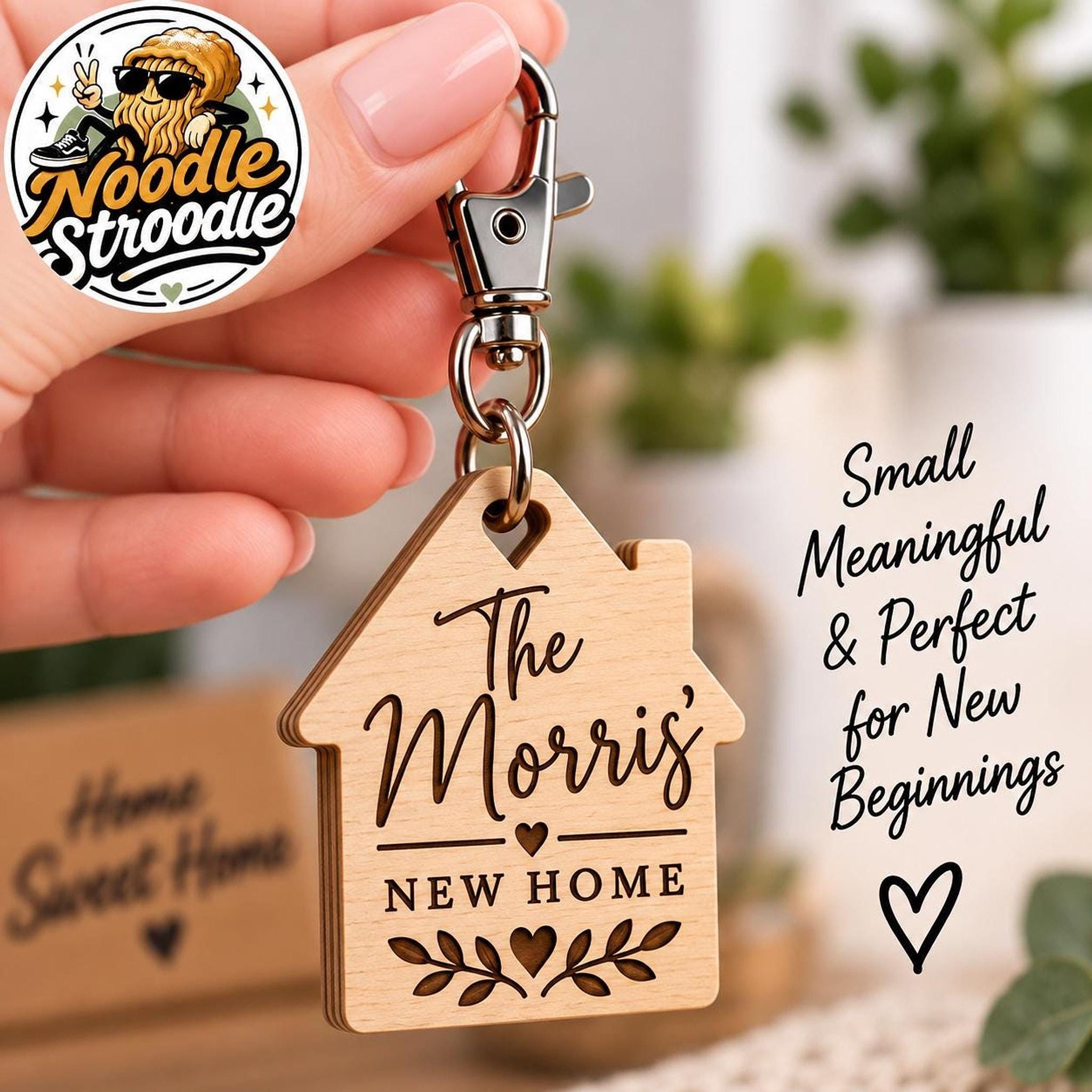 Personalised Wooden House Keyring, New Home Keepsake, Engraved Family Name Gift - Image 2