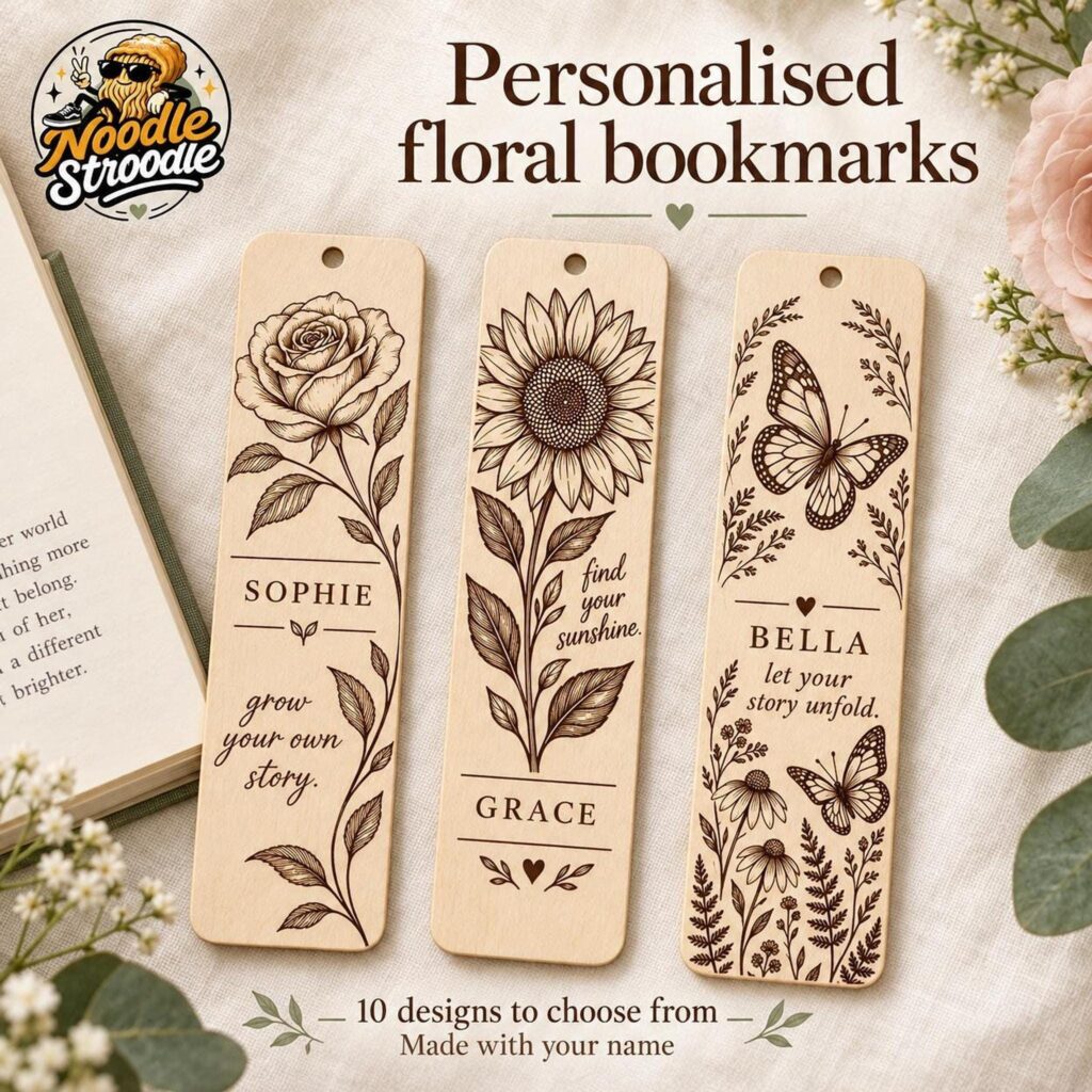 Personalised Wooden Bookmark, Engraved Name, Floral and Butterfly Designs, Gift for Book Lovers