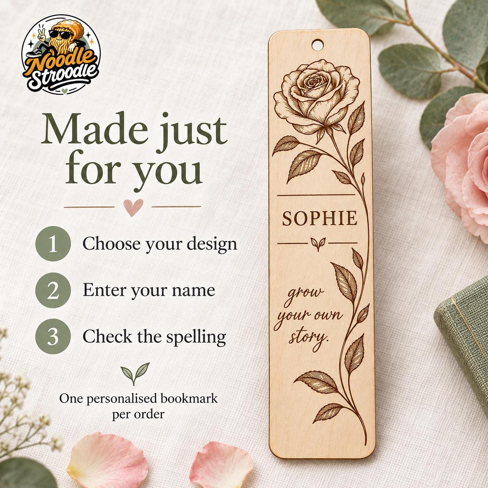 Personalised Wooden Bookmark, Engraved Name, Floral and Butterfly Designs, Gift for Book Lovers - Image 3