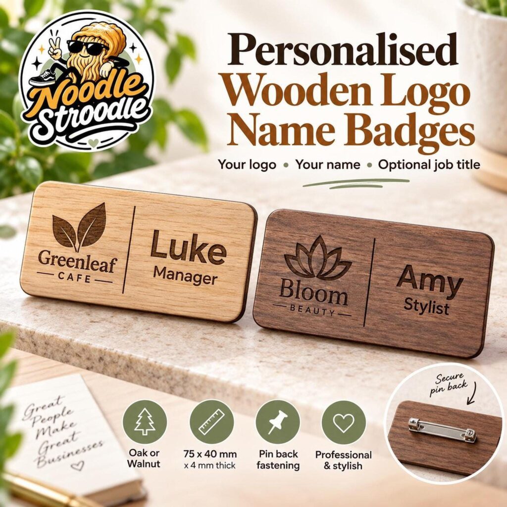 Personalised Wooden Logo Name Badge, Custom Staff Pin, Business Employee ID, Oak or Walnut