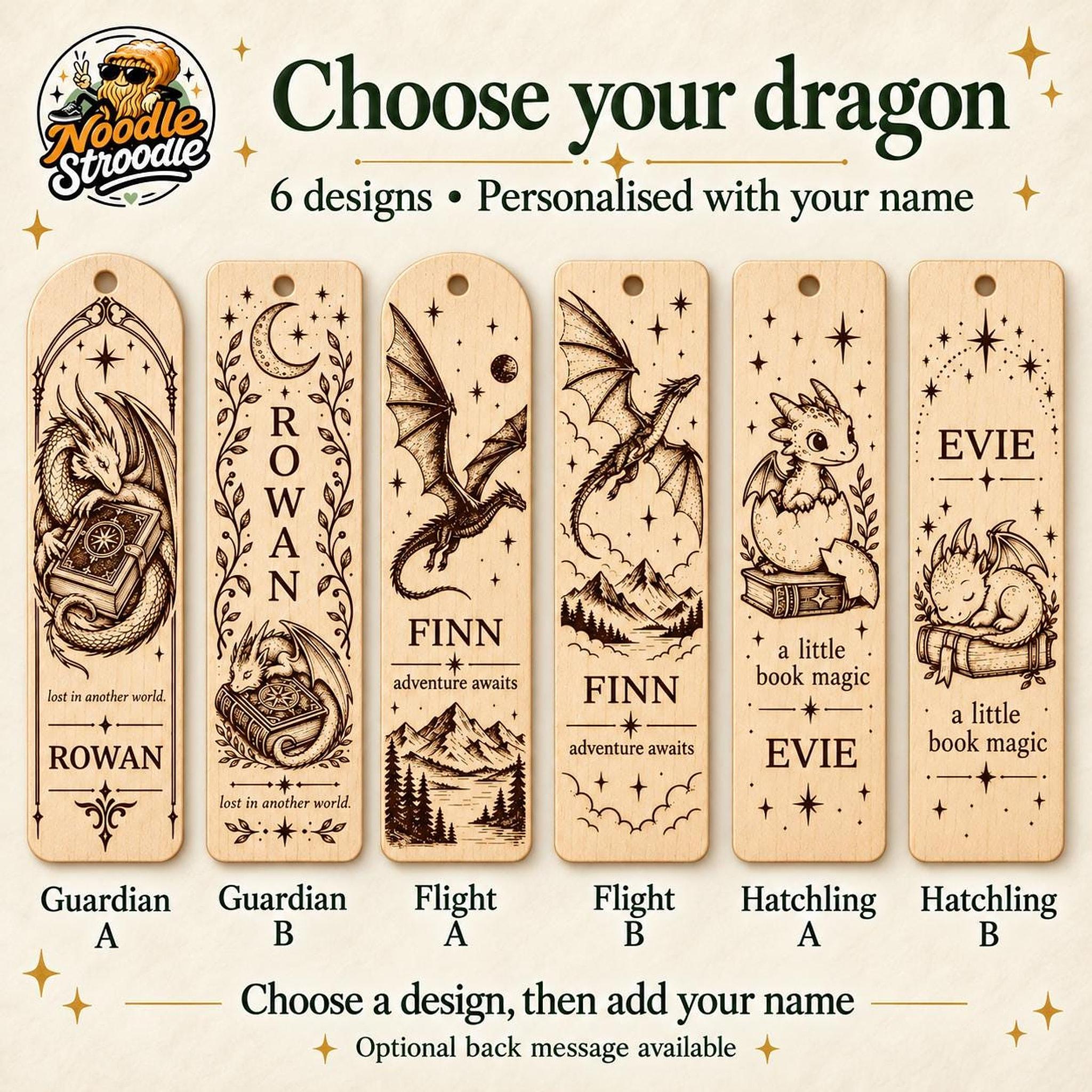 Personalised Wooden Dragon Bookmark, Engraved Name, Fantasy Book Lover Gift, Optional Back Message - Image 2