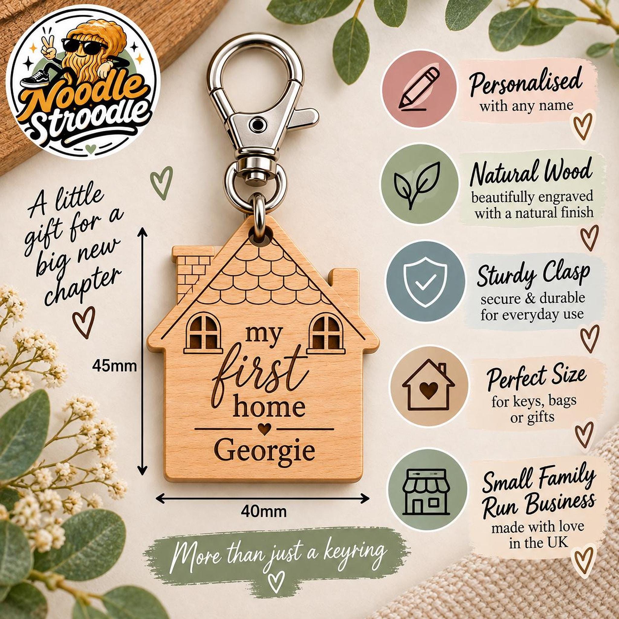 Personalised Wooden House Keyring, Laser Engraved First Home Gift, Custom Name Keepsake - Image 3