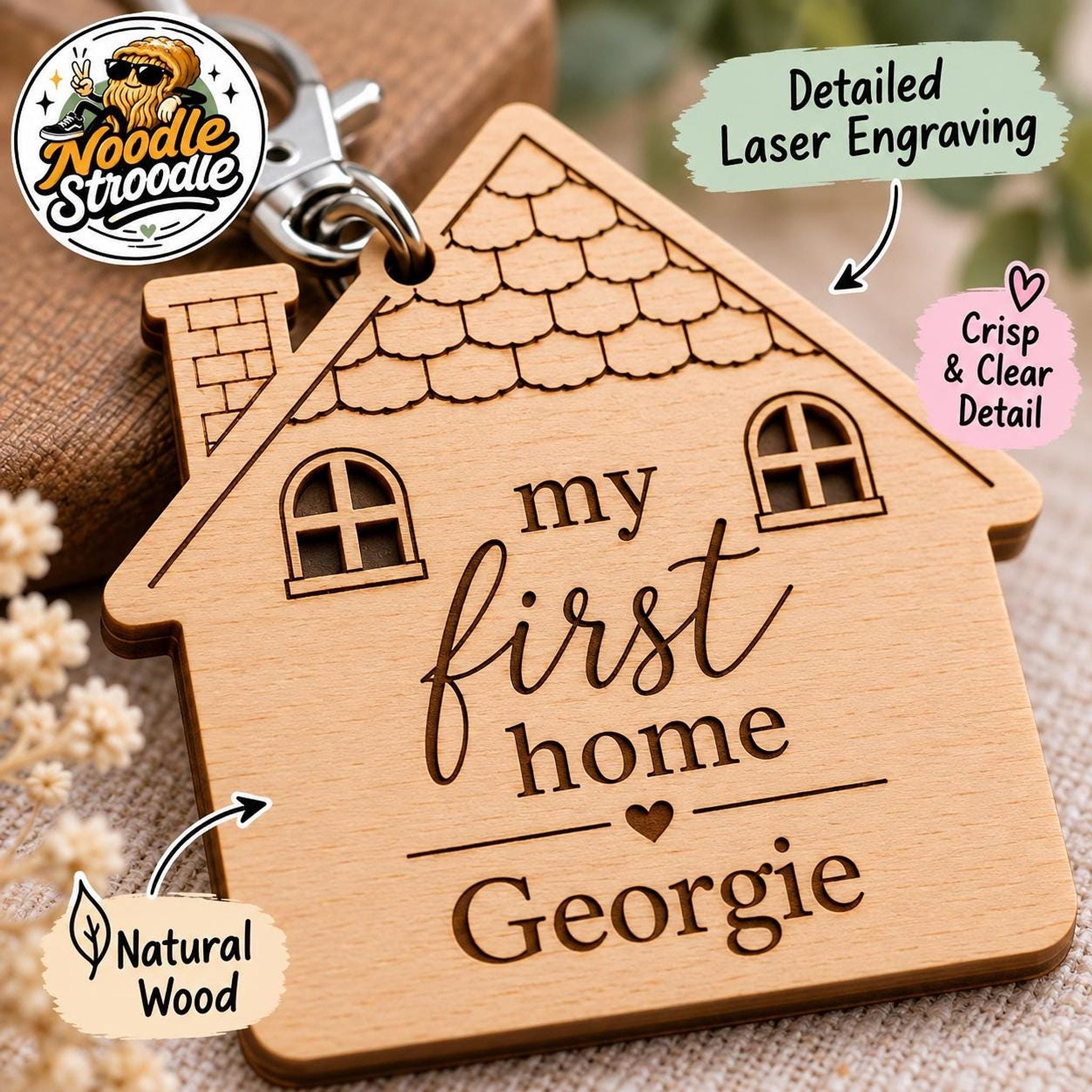 Personalised Wooden House Keyring, Laser Engraved First Home Gift, Custom Name Keepsake - Image 6