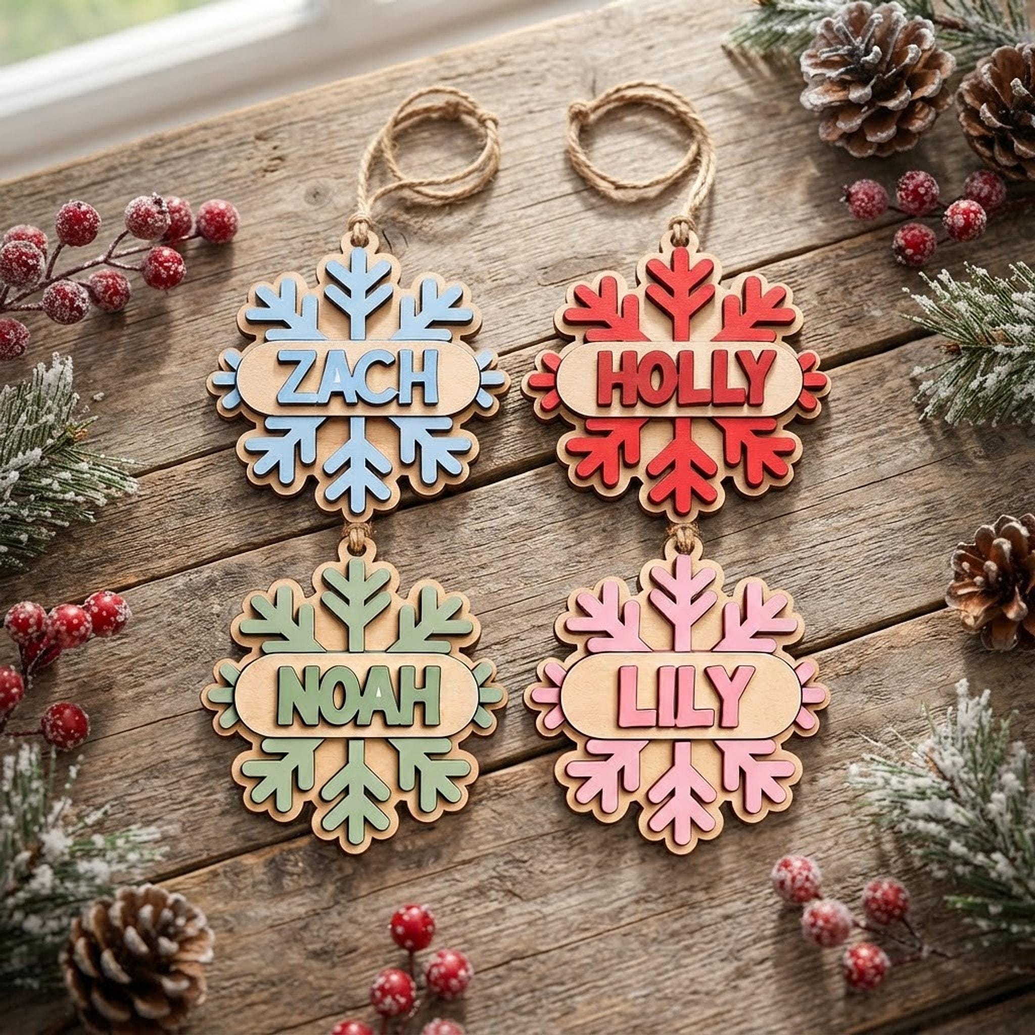 Personalised Snowflake Christmas Ornament, Wooden Name Bauble, Hand Painted 3 Layer Tree Decoration - Image 4