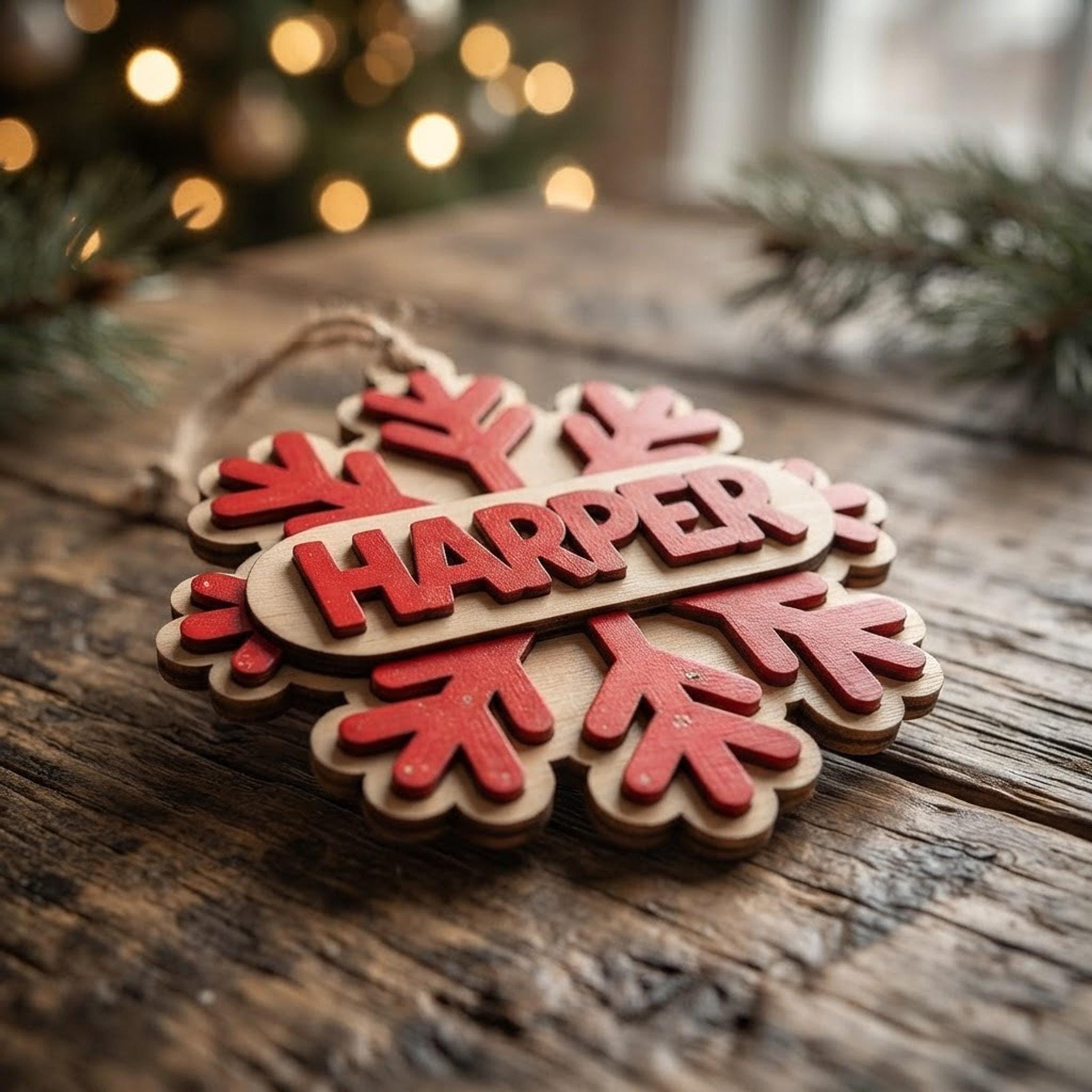 Personalised Snowflake Christmas Ornament, Wooden Name Bauble, Hand Painted 3 Layer Tree Decoration - Image 2