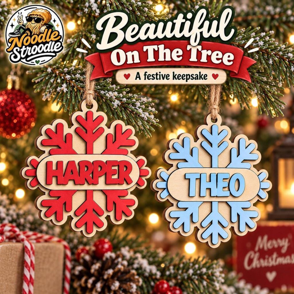 Personalised Snowflake Christmas Ornament, Wooden Name Bauble, Hand Painted 3 Layer Tree Decoration