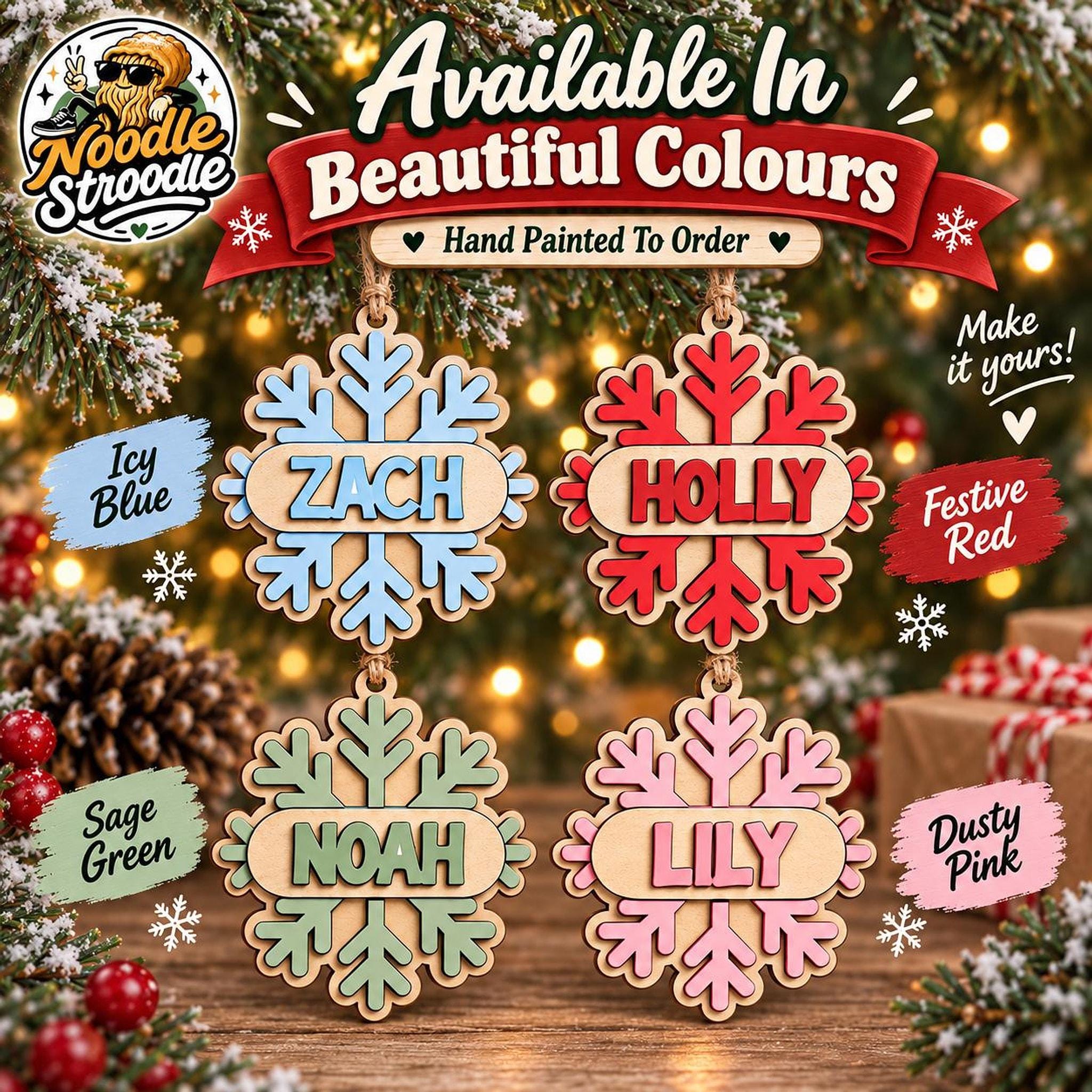 Personalised Snowflake Christmas Ornament, Wooden Name Bauble, Hand Painted 3 Layer Tree Decoration - Image 3