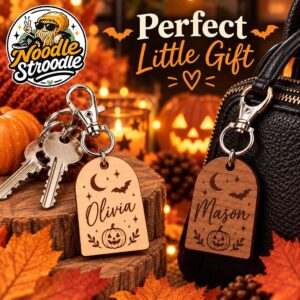 Halloween Keyring, Personalised 4mm Wood Engraving in Light or Walnut