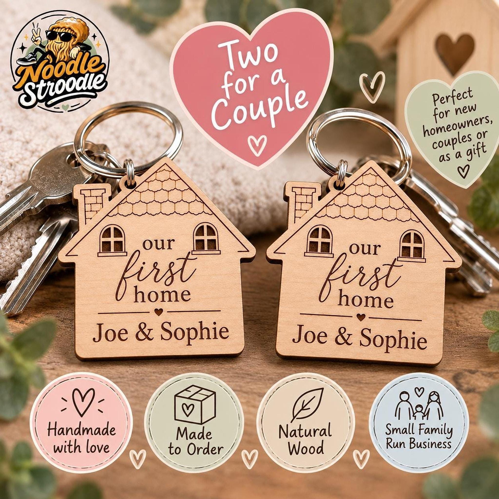 Personalised Wooden House Keyring, First Home Gift for Couples (Engraved Names) (2 Pack) - Image 5