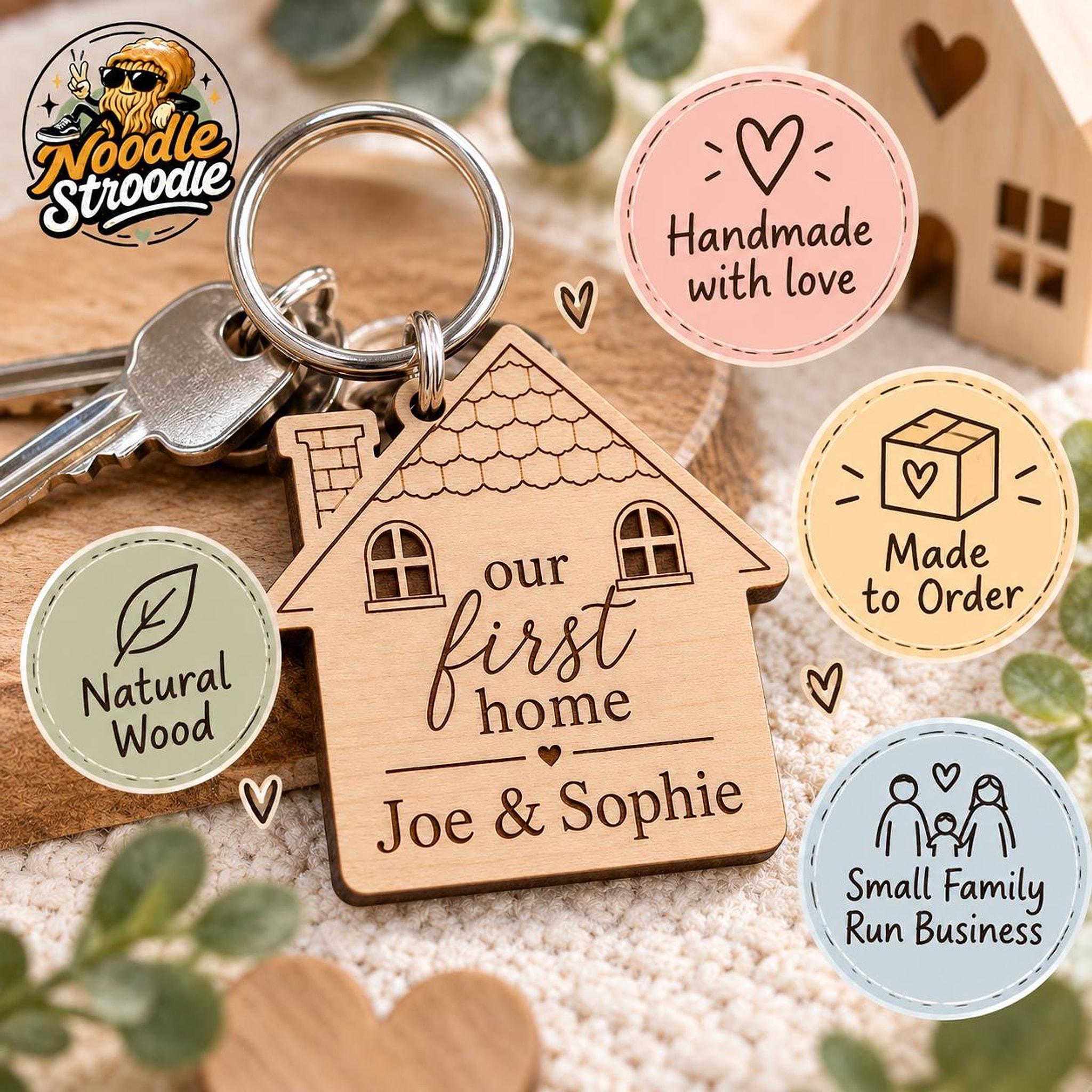 Personalised Wooden House Keyring, First Home Gift for Couples (Engraved Names) (2 Pack) - Image 3