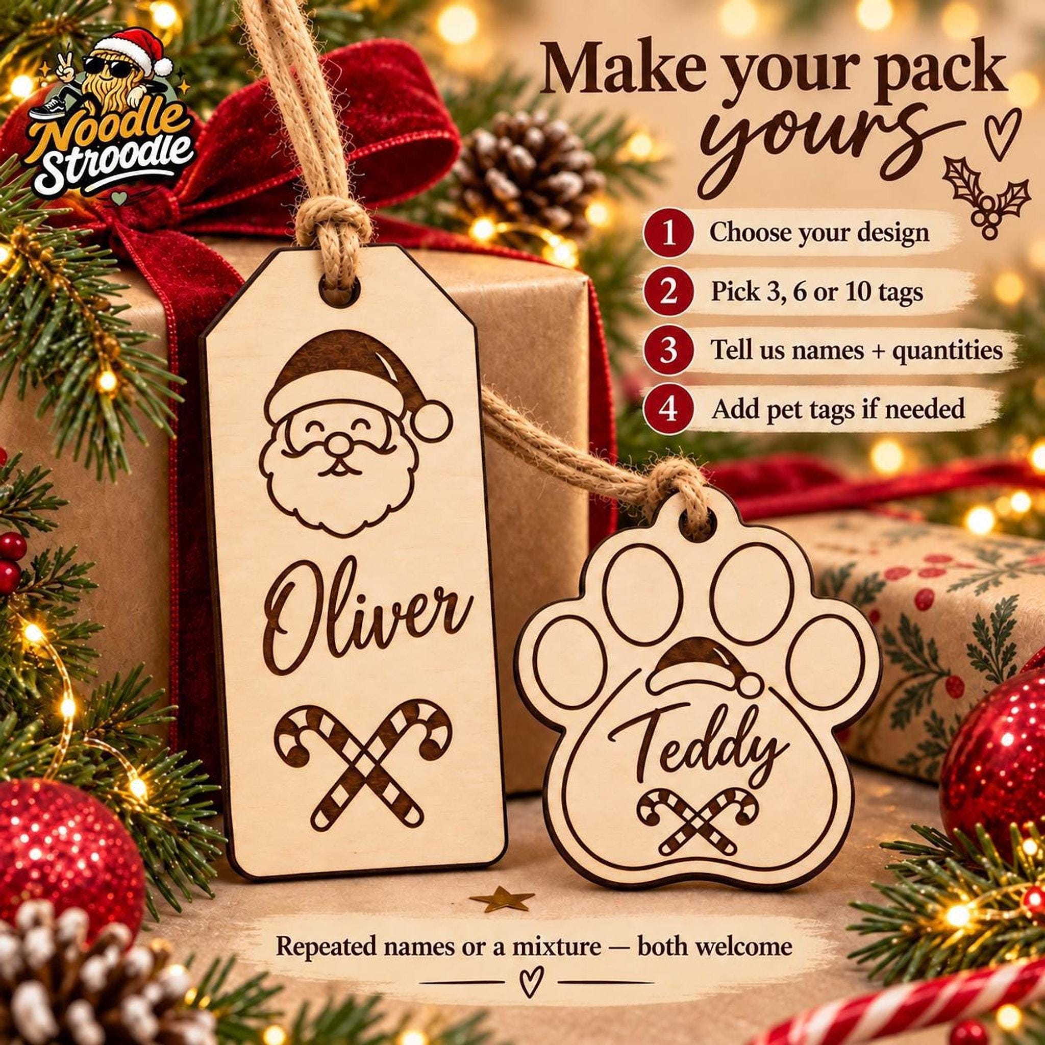 Personalised Wooden Christmas Gift Tags, Engraved Family & Pet Names (3, 6, 10 Pack) - Image 2