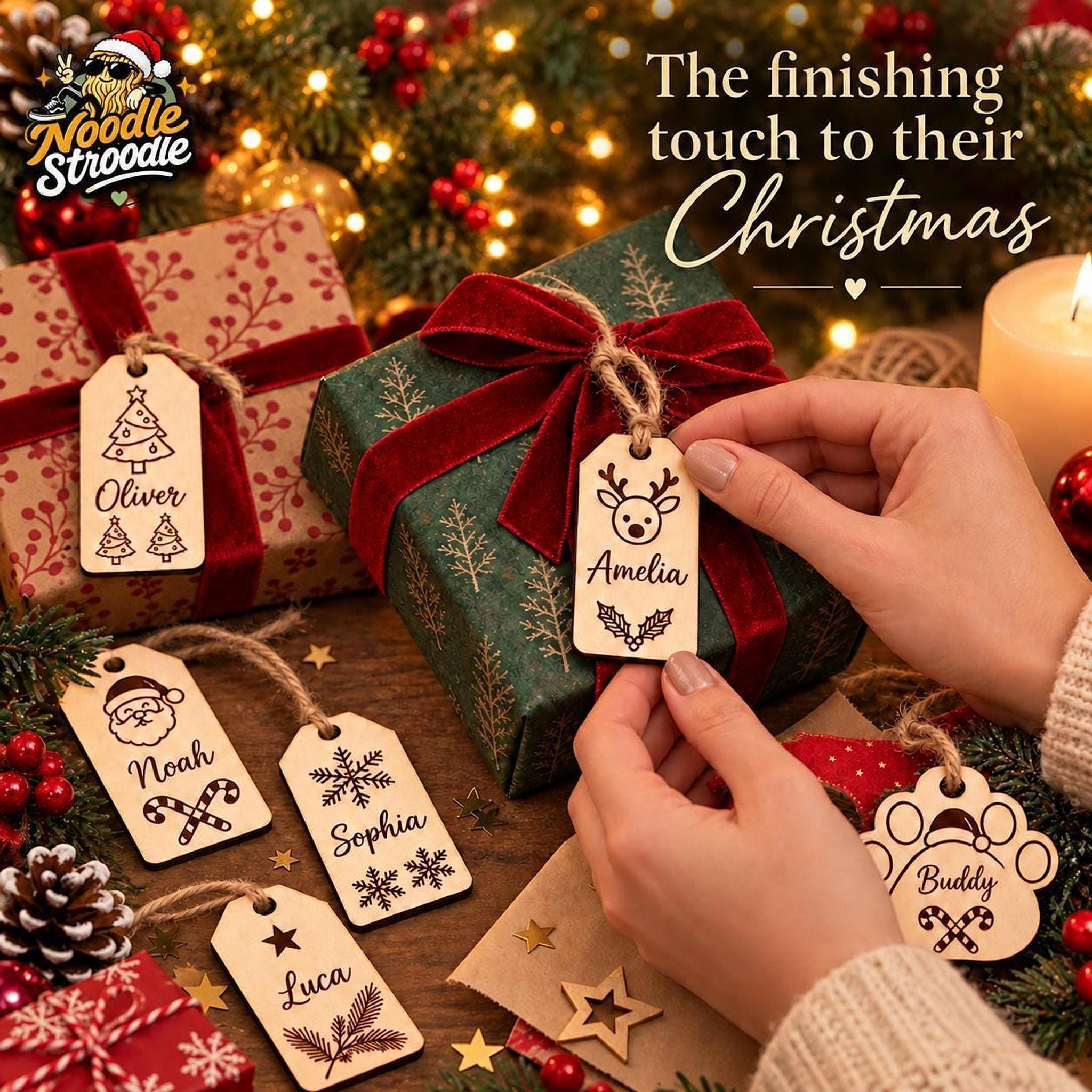 Personalised Wooden Christmas Gift Tags, Engraved Family & Pet Names (3, 6, 10 Pack) - Image 6