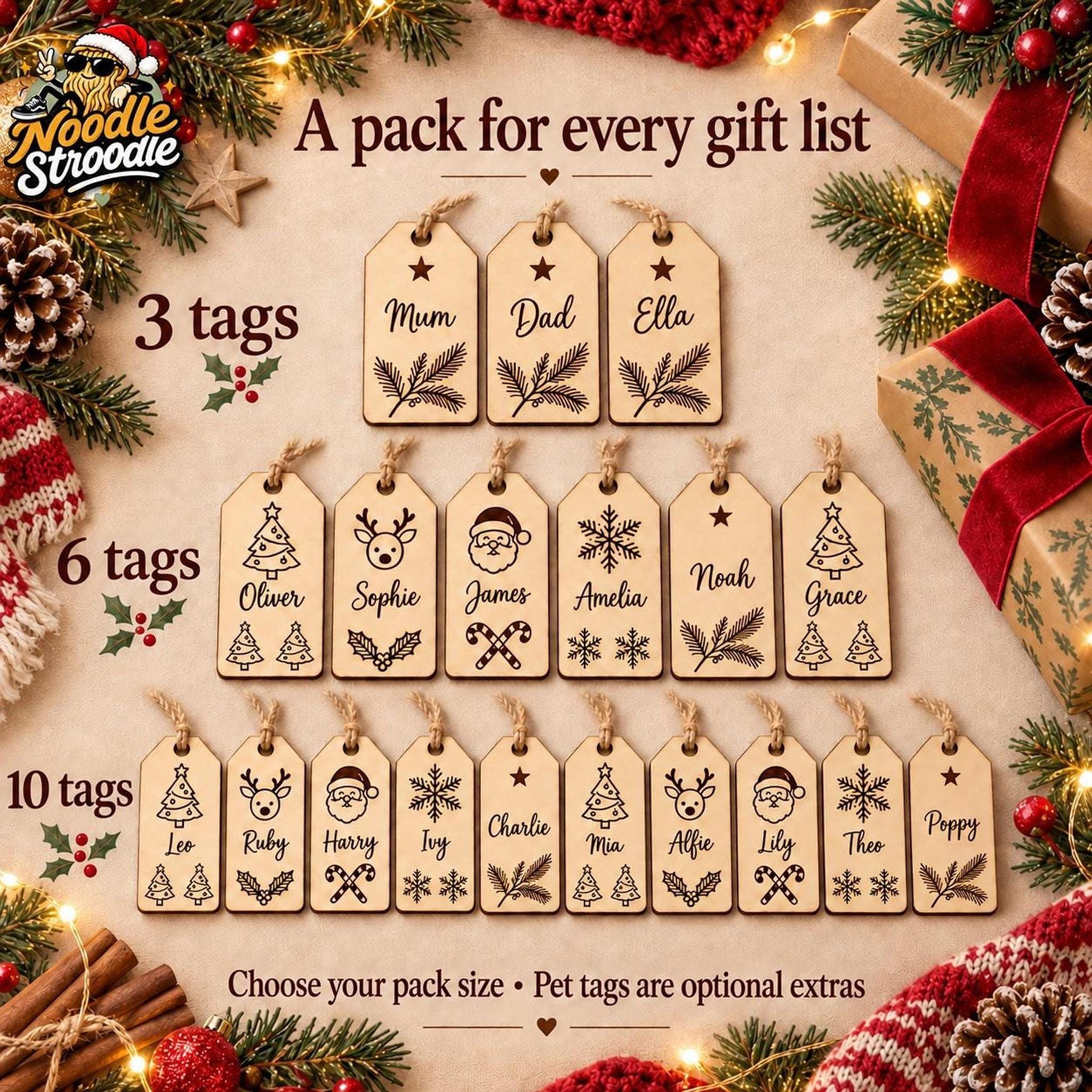Personalised Wooden Christmas Gift Tags, Engraved Family & Pet Names (3, 6, 10 Pack) - Image 8