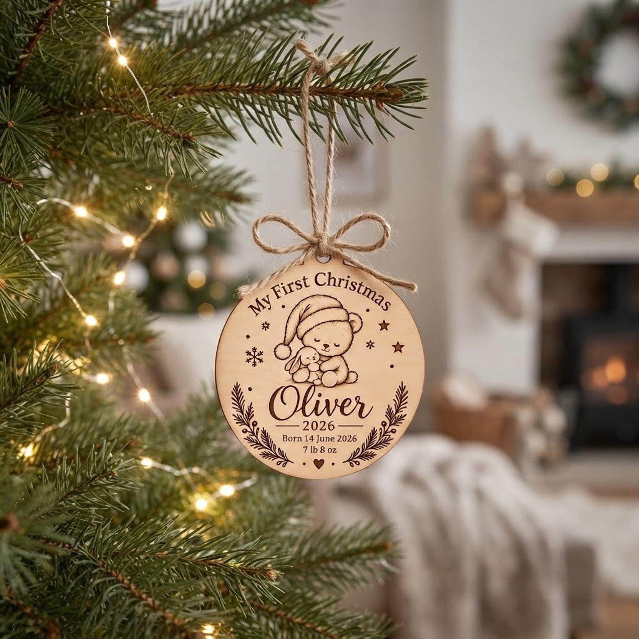 Baby First Christmas Wooden Bauble, Personalised Birth Details Keepsake - Image 3