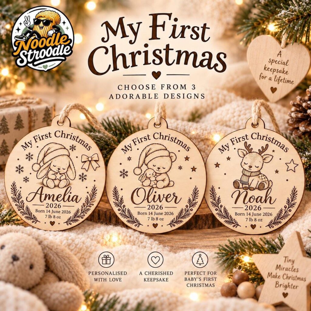 Baby First Christmas Wooden Bauble, Personalised Birth Details Keepsake