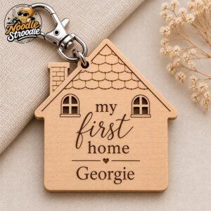 Personalised Wooden House Keyring, Laser Engraved First Home Gift, Custom Name Keepsake