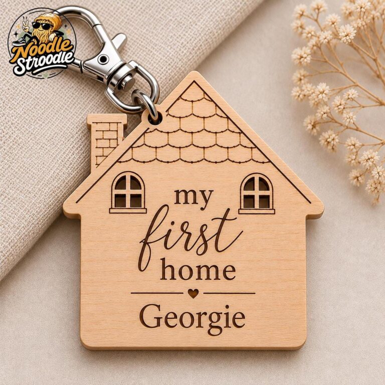 Personalised Wooden House Keyring, Laser Engraved First Home Gift, Custom Name Keepsake