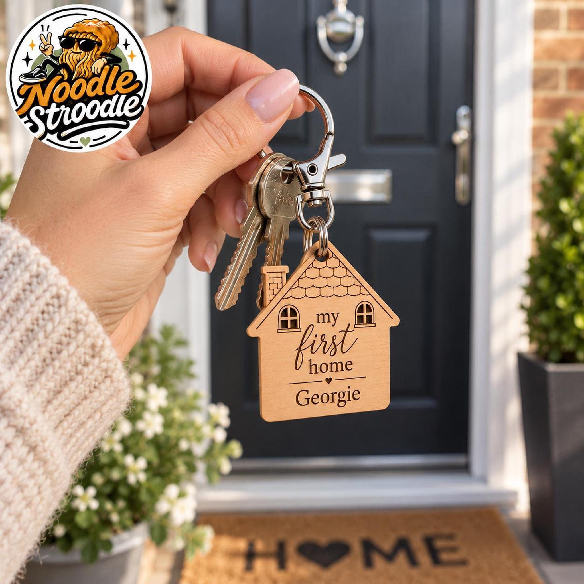 Personalised Wooden House Keyring, Laser Engraved First Home Gift, Custom Name Keepsake - Image 2