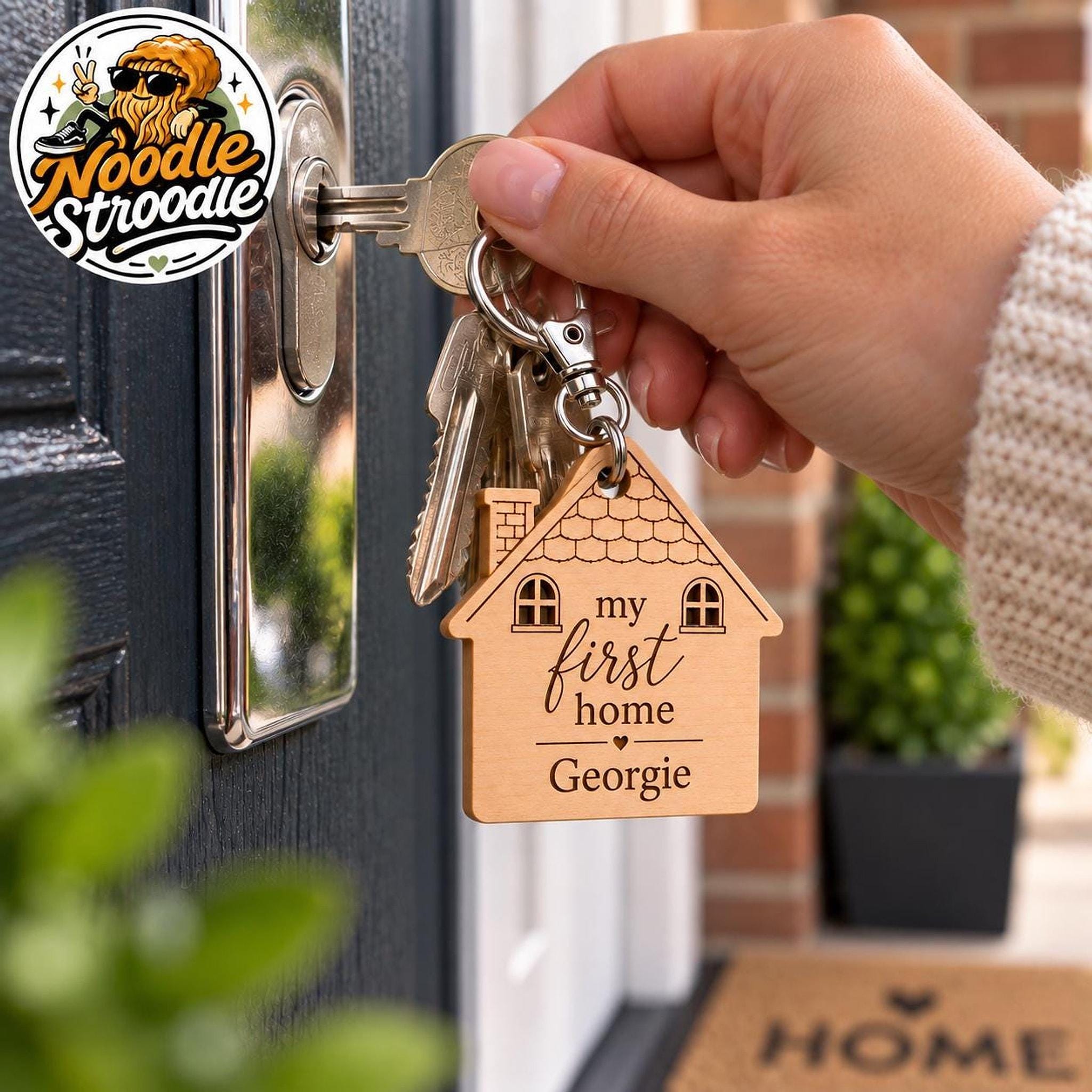 Personalised Wooden House Keyring, Laser Engraved First Home Gift, Custom Name Keepsake - Image 5
