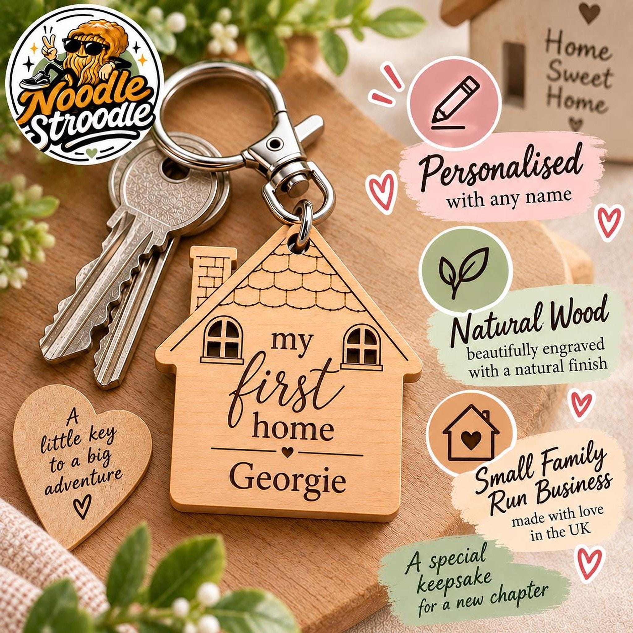 Personalised Wooden House Keyring, Laser Engraved First Home Gift, Custom Name Keepsake - Image 7