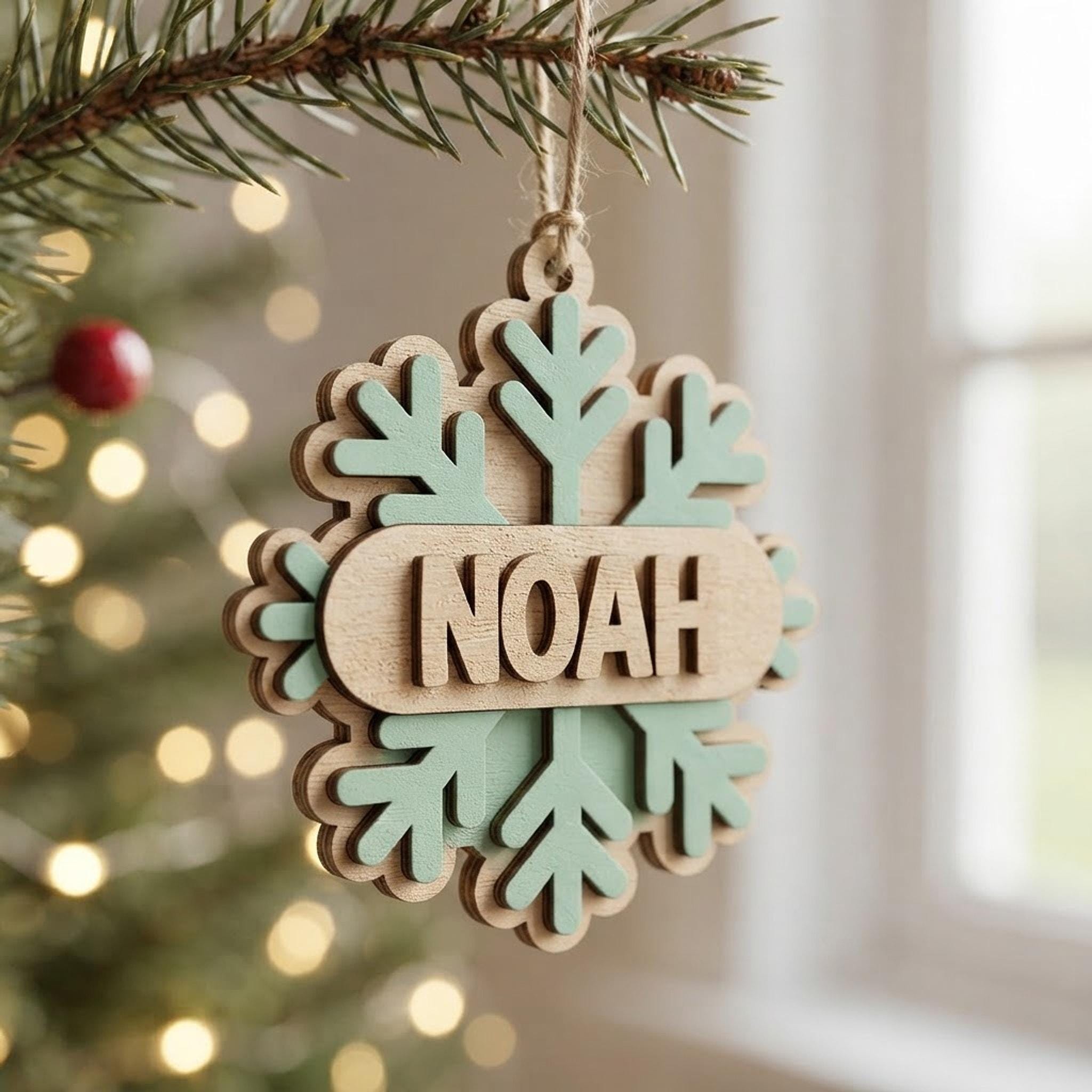 Personalised Snowflake Christmas Ornament, Wooden Name Bauble, Hand Painted 3 Layer Tree Decoration - Image 5