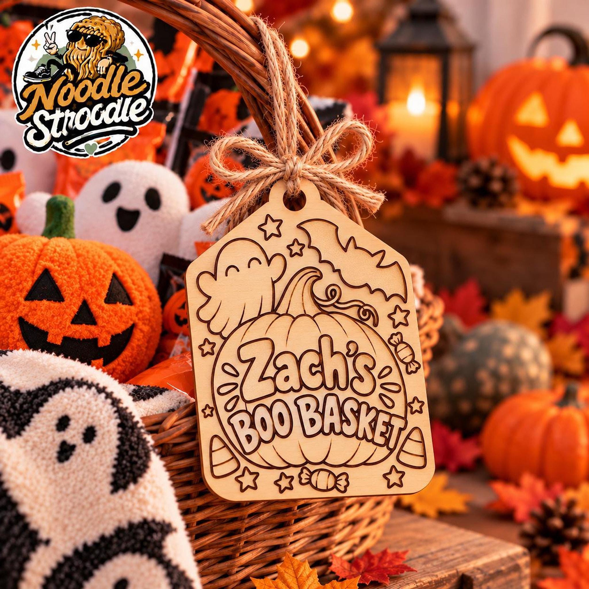Boo Basket Tag, Personalised Wooden Pumpkin Name Plaque, 9 cm Halloween Tag