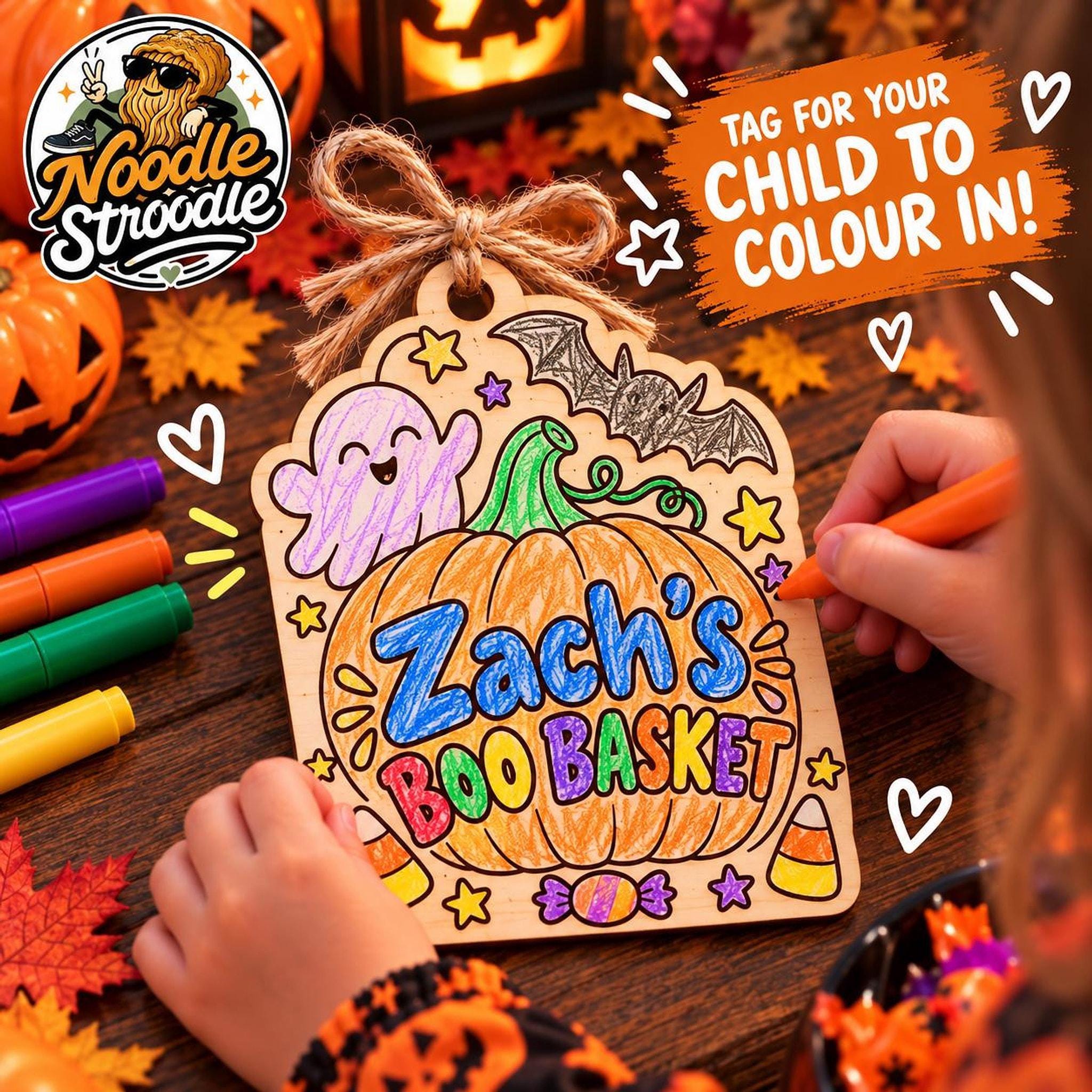 Boo Basket Tag, Personalised Wooden Pumpkin Name Plaque, 9 cm Halloween Tag - Image 2
