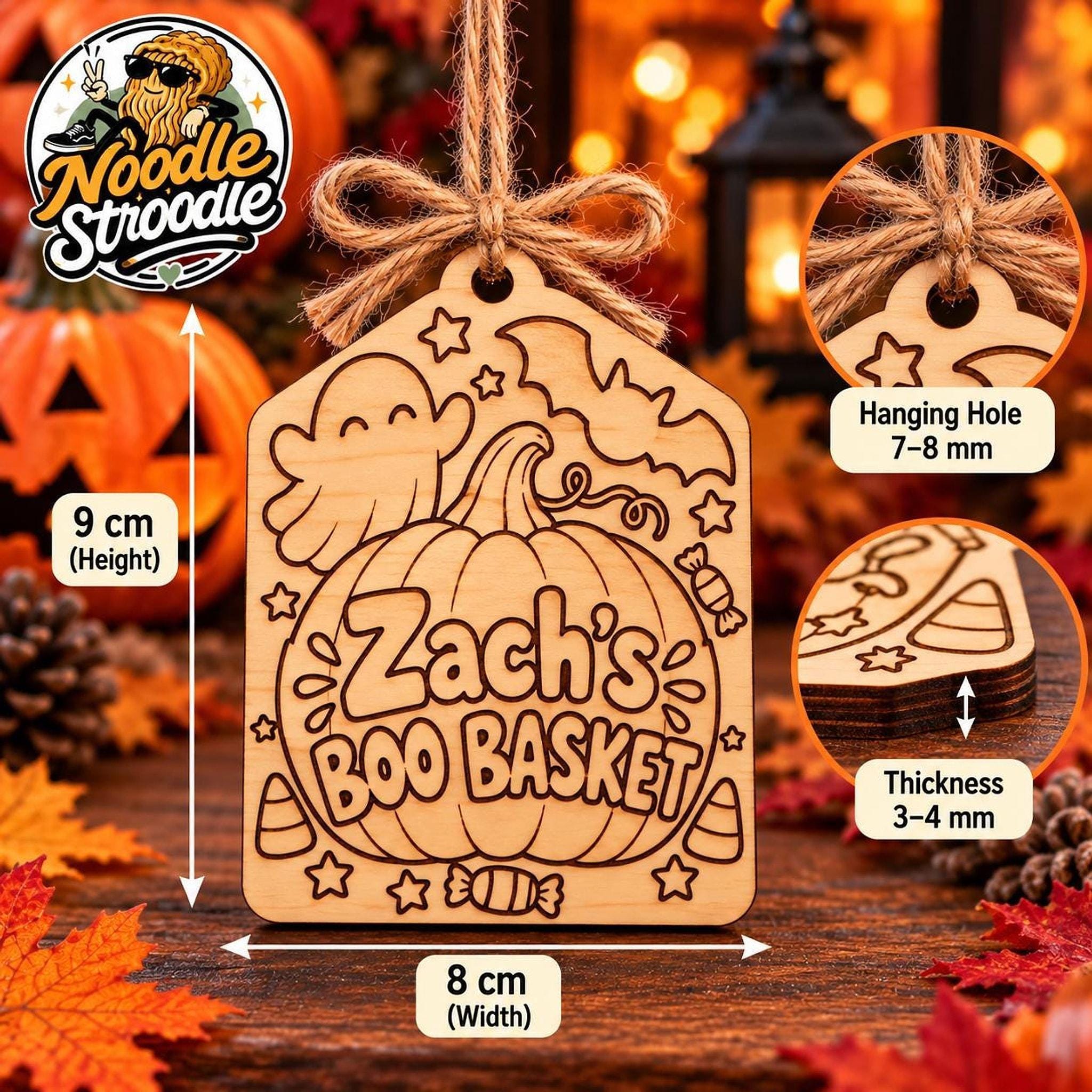 Boo Basket Tag, Personalised Wooden Pumpkin Name Plaque, 9 cm Halloween Tag - Image 4