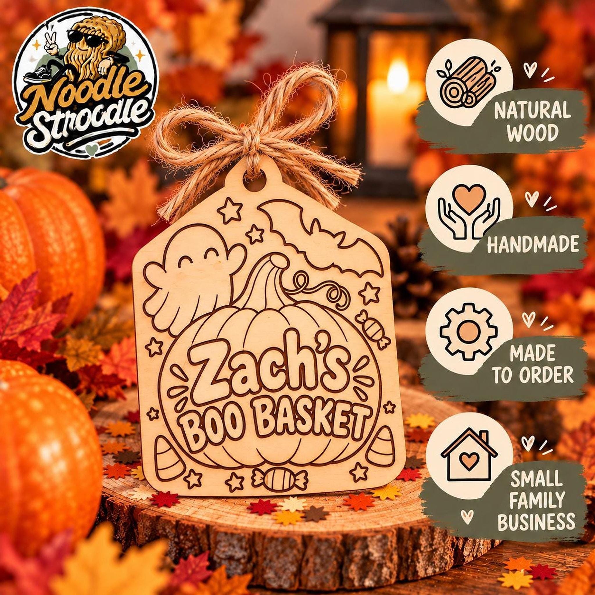 Boo Basket Tag, Personalised Wooden Pumpkin Name Plaque, 9 cm Halloween Tag - Image 5