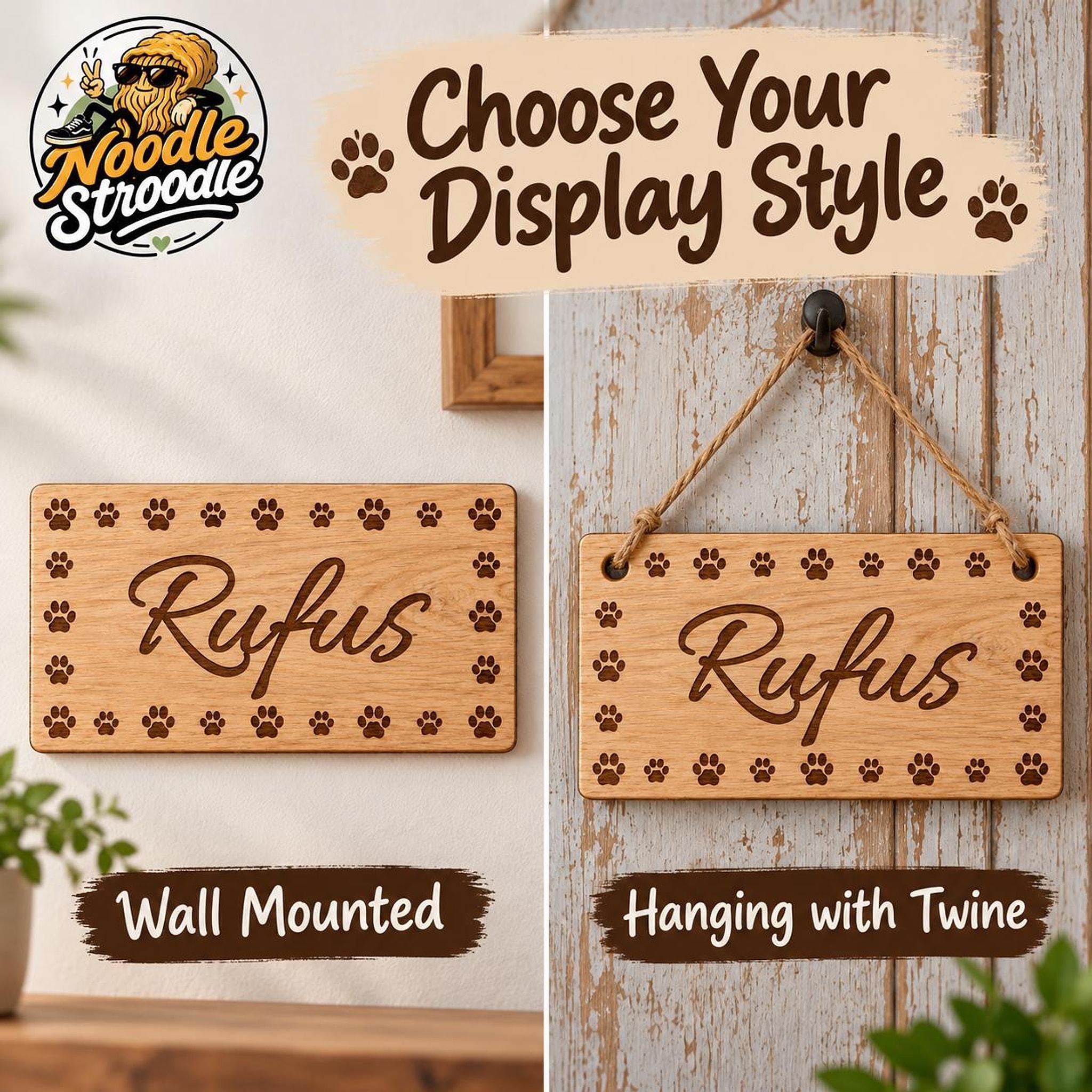 Dog Name Plaque, Laser Engraved Wooden Pet Sign with Paw Prints - Image 2