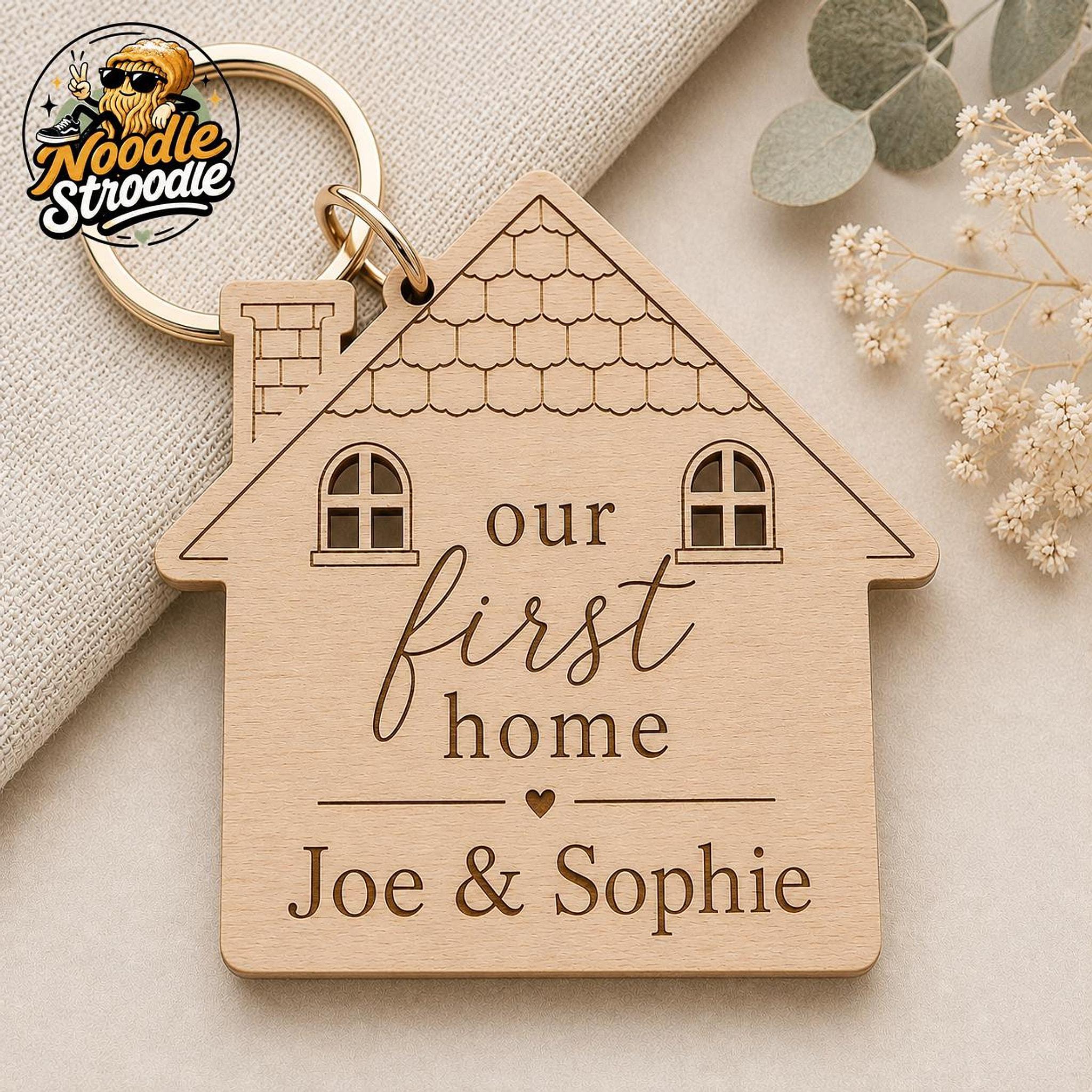 Personalised Wooden House Keyring, First Home Gift for Couples (Engraved Names) (2 Pack) - Image 2