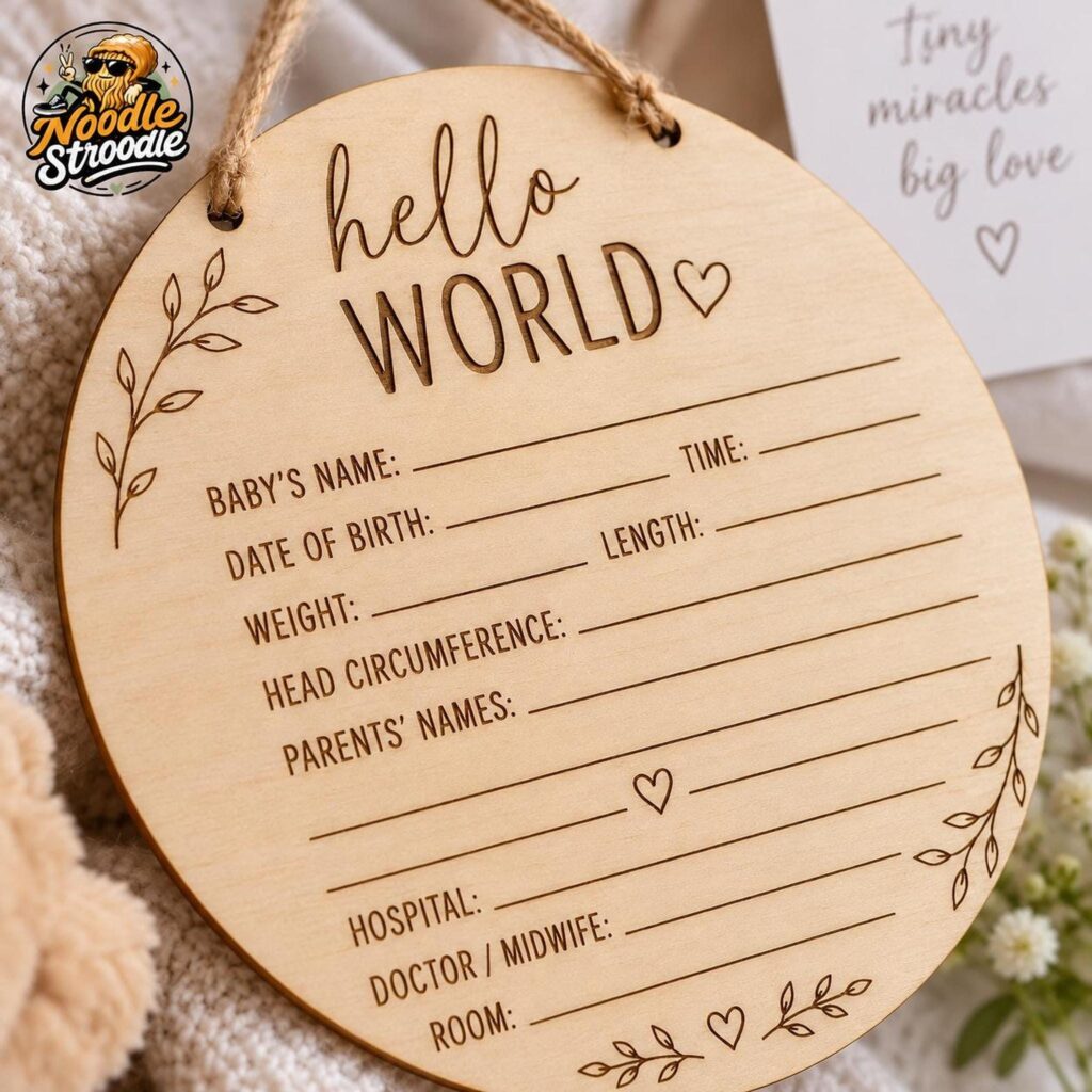 Baby Birth Plaque, Wooden Hello World Hospital Photo Prop With Engraved Details