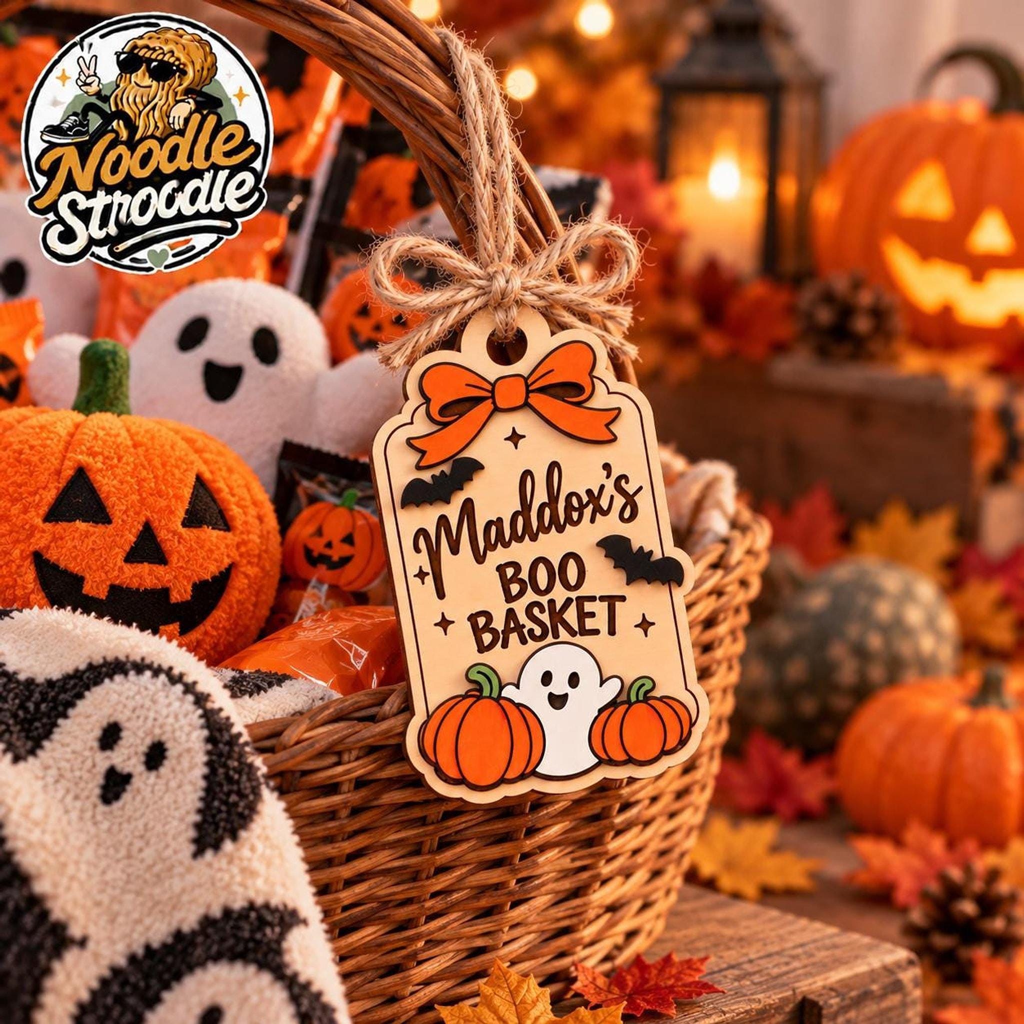 Boo Basket Tag, Personalised Wooden Halloween Name Plaque, 9cm Hand-Painted Design