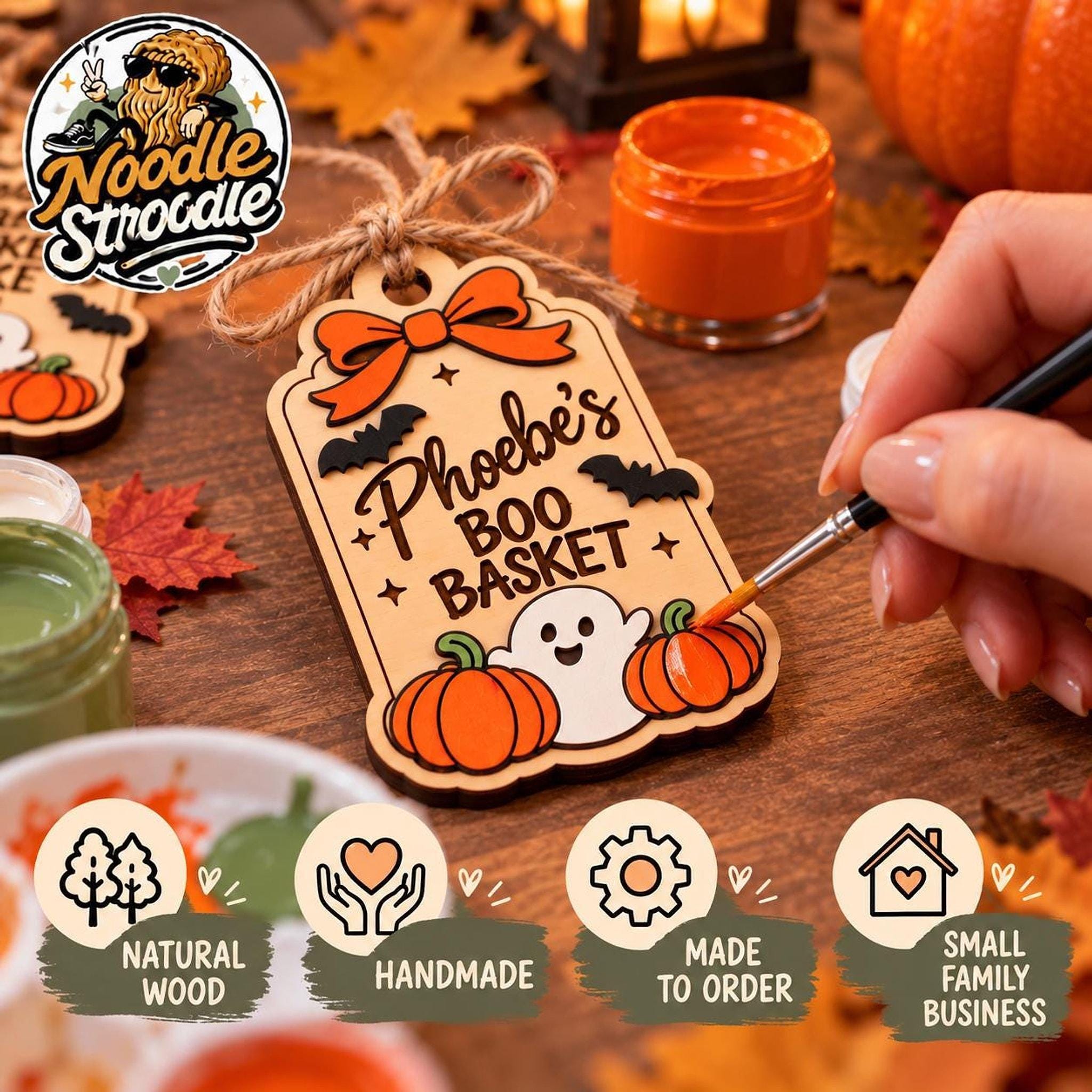 Boo Basket Tag, Personalised Wooden Halloween Name Plaque, 9cm Hand-Painted Design - Image 5