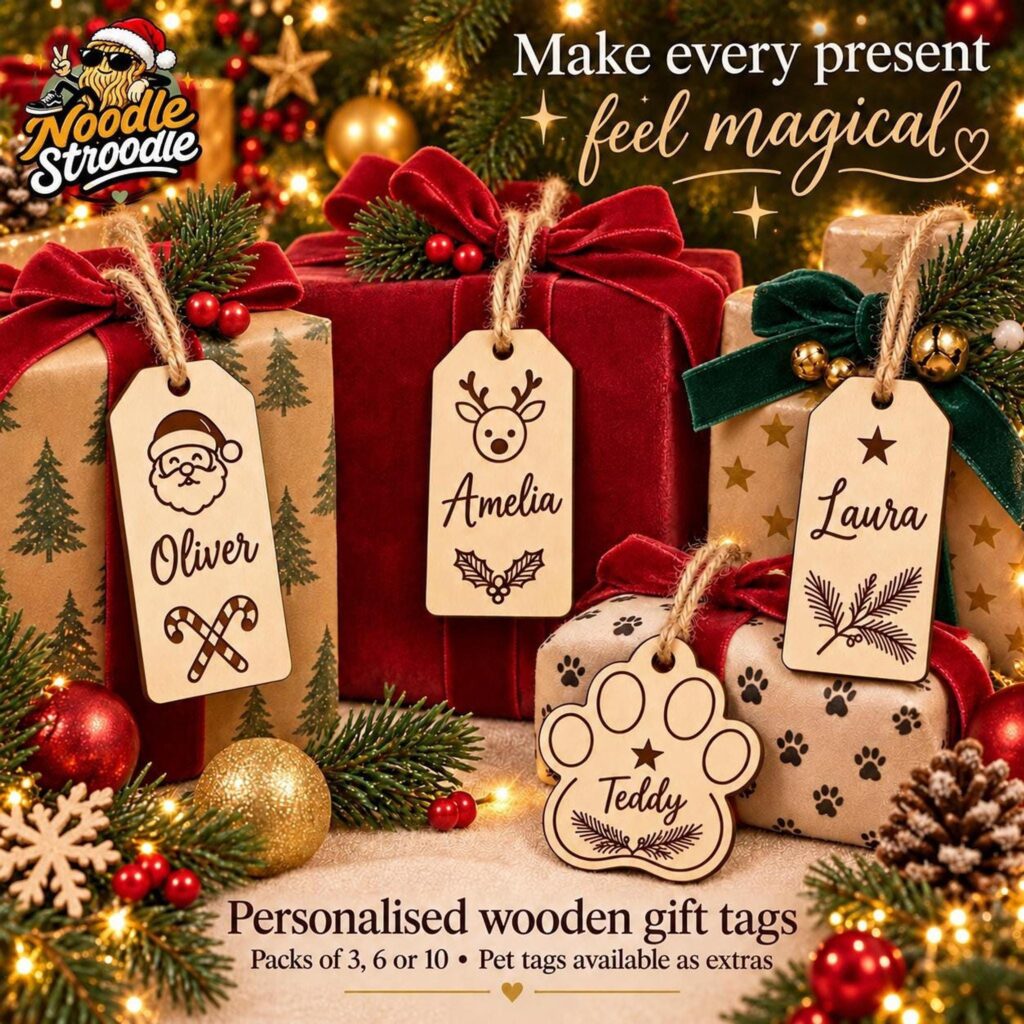 Personalised Wooden Christmas Gift Tags, Engraved Family & Pet Names (3, 6, 10 Pack)