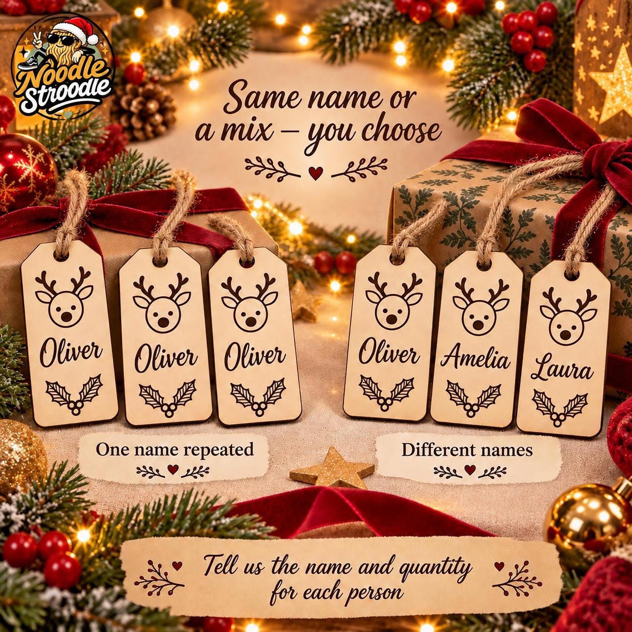 Personalised Wooden Christmas Gift Tags, Engraved Family & Pet Names (3, 6, 10 Pack) - Image 3