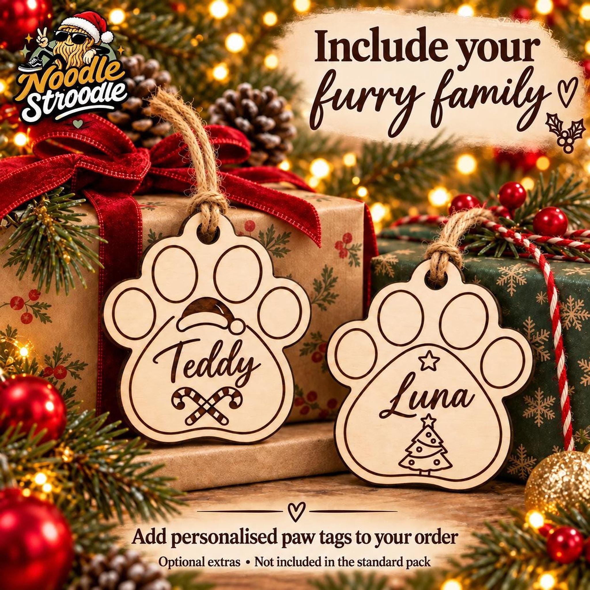 Personalised Wooden Christmas Gift Tags, Engraved Family & Pet Names (3, 6, 10 Pack) - Image 4