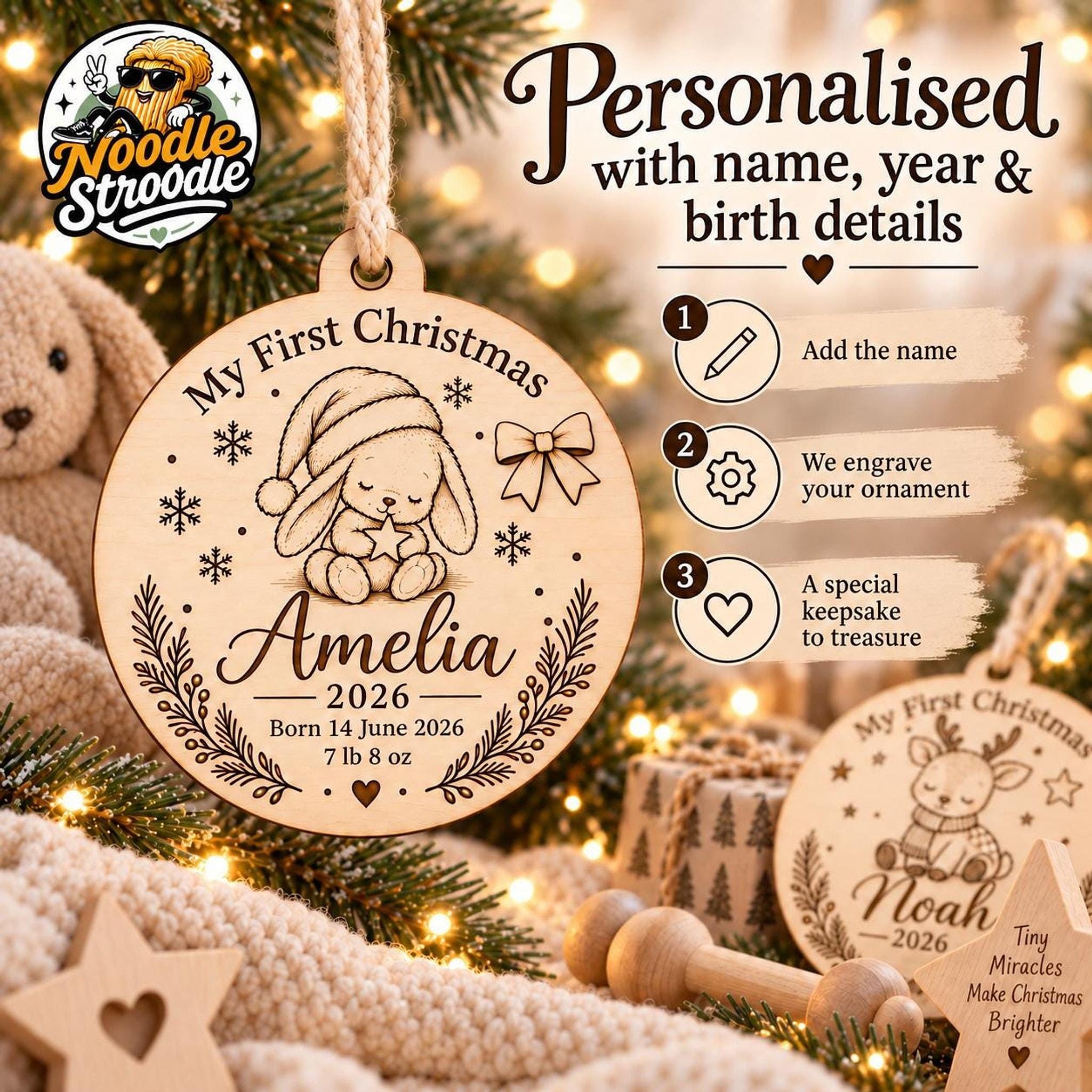 Baby First Christmas Wooden Bauble, Personalised Birth Details Keepsake - Image 2