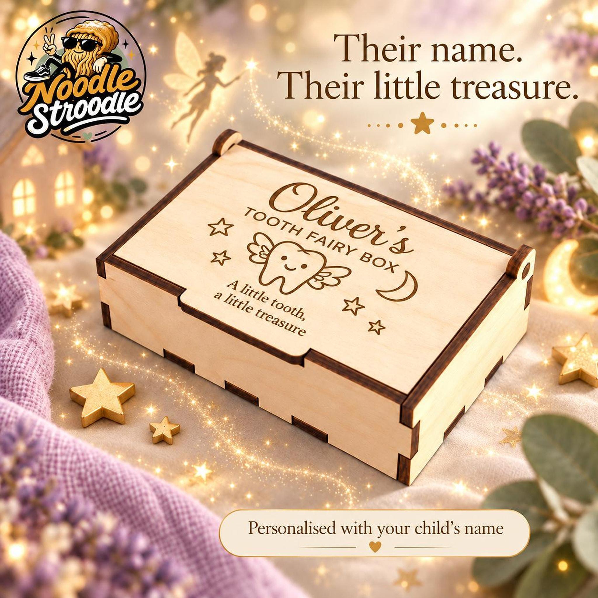 Tooth Fairy Box, Personalised Wooden Keepsake with Engraved Name, 8 cm