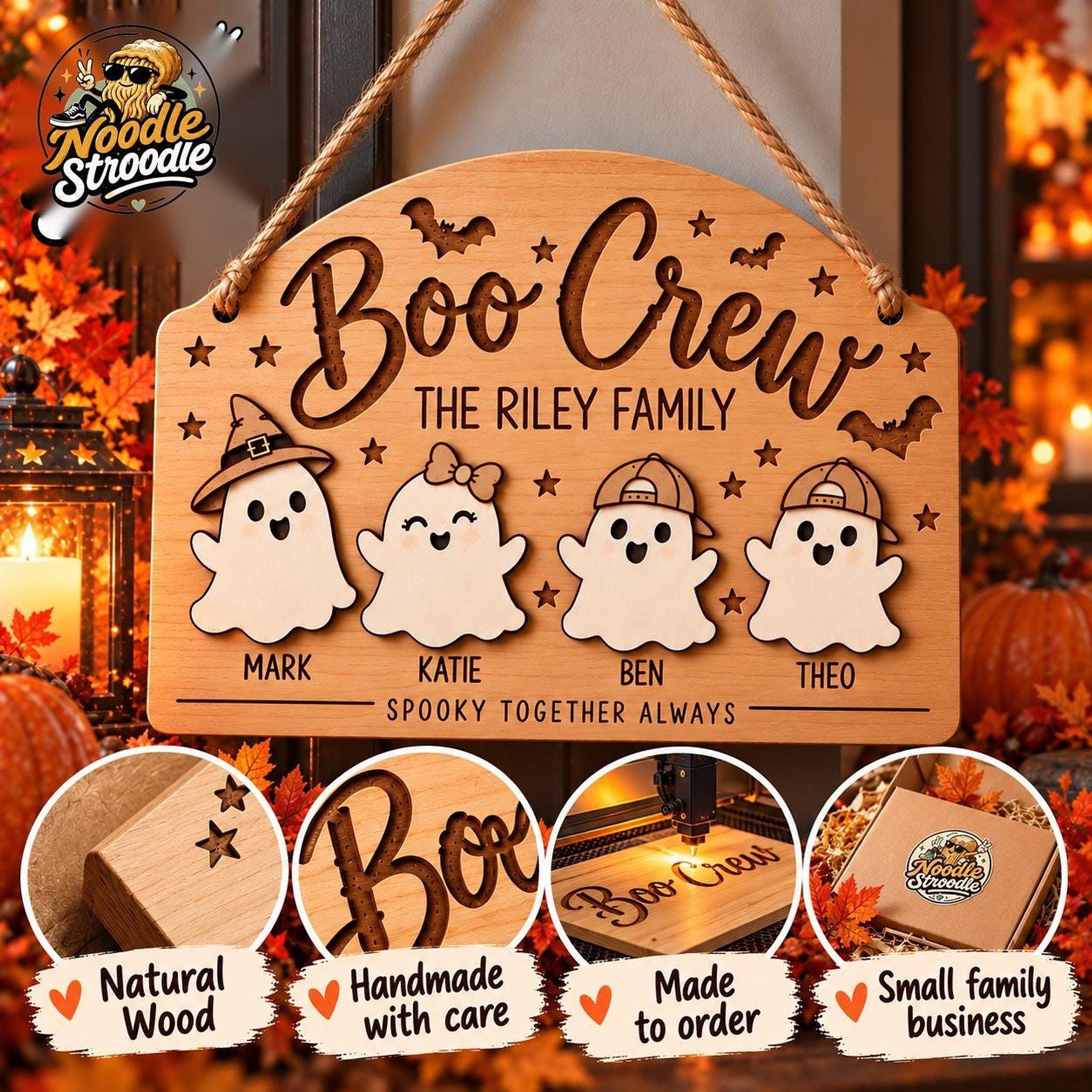 Personalised Halloween Family Sign, Wooden Boo Crew Plaque, Custom Ghost Names, Autumn Home Decor - Image 4