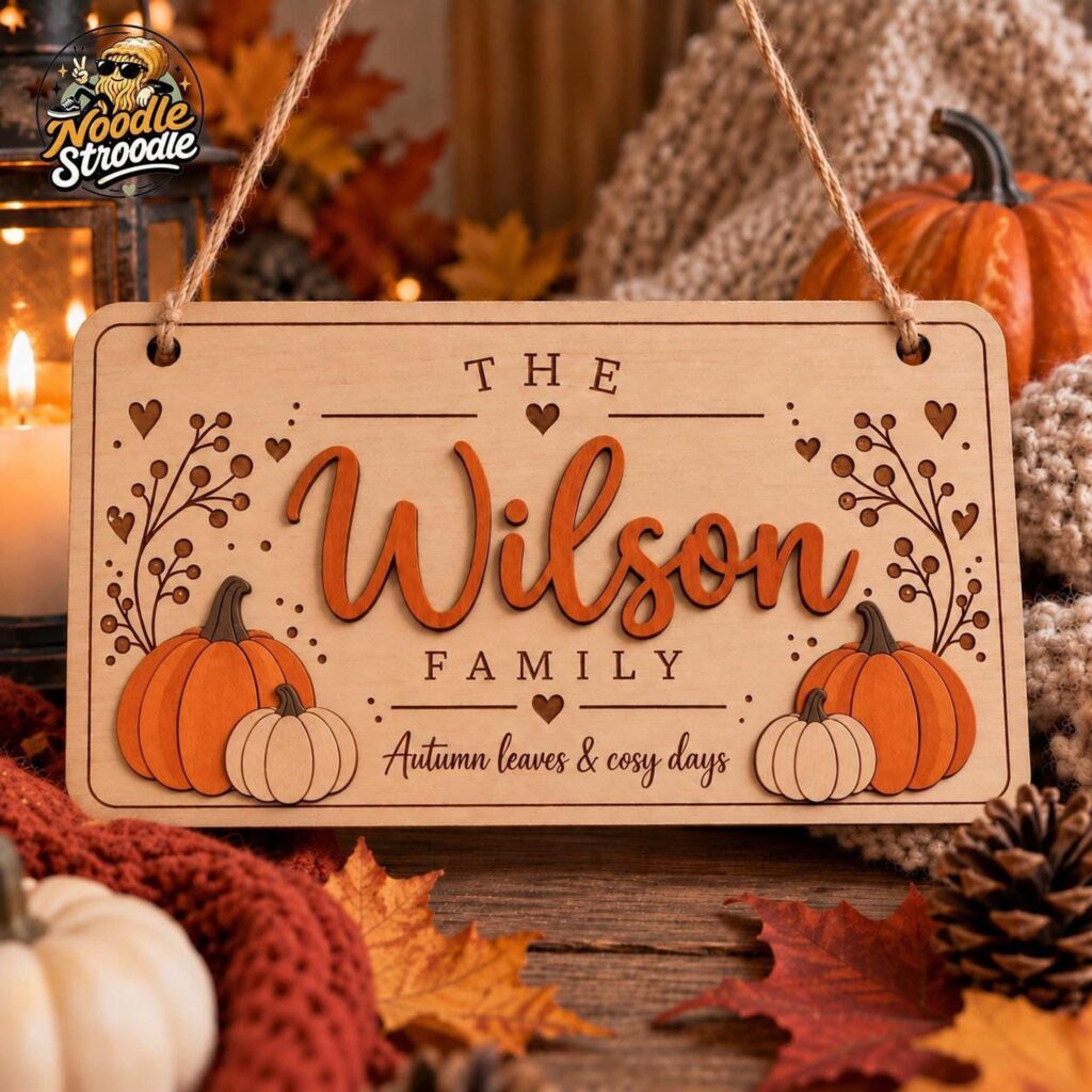 Personalised Family Name Sign, Autumn Wooden Pumpkin Plaque, Rustic Home Decor, Custom Surname Gift