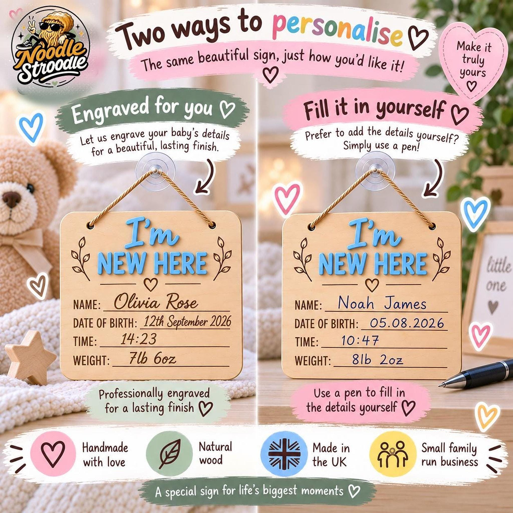 Personalised Baby Birth Announcement Sign, Handmade Wooden Keepsake Plaque - Image 3