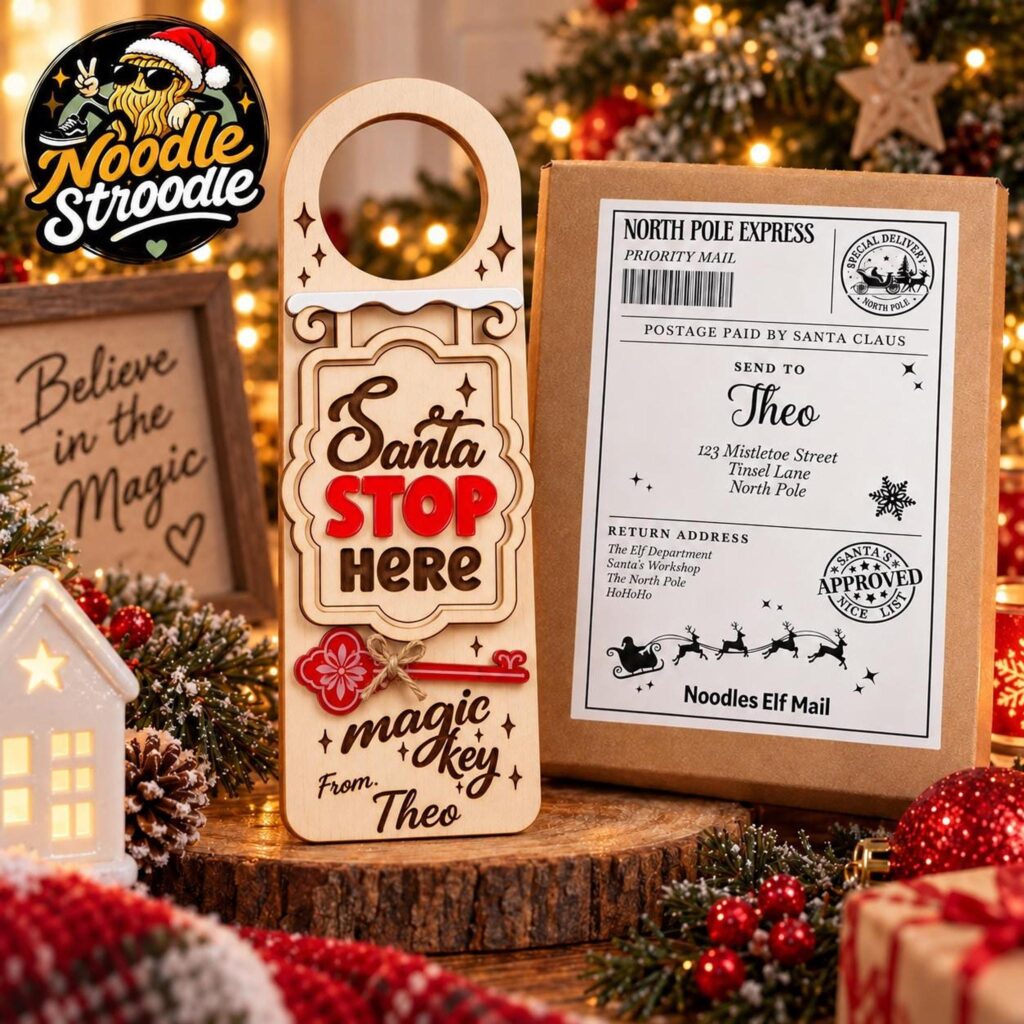Personalised Santa Stop Here Door Hanger, Christmas Eve Magic Key Gift Set, Kids Keepsake