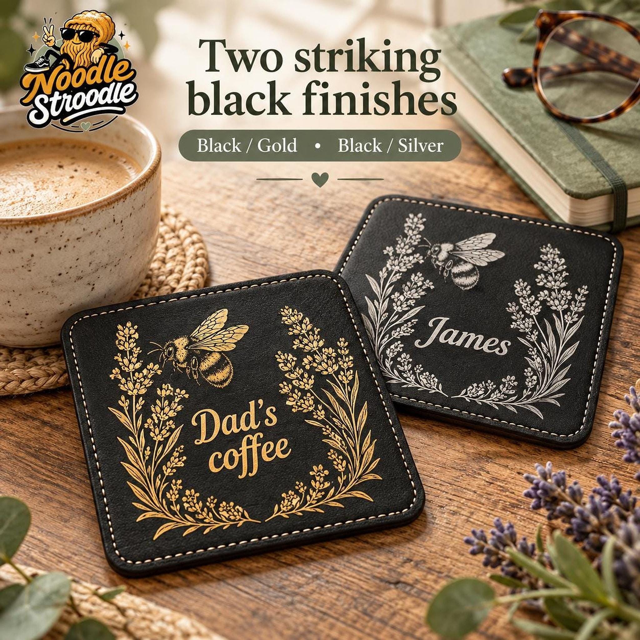 Personalised Coaster With Bee Design, Engraved Leatherette, 10 cm Square Set Options - Image 4