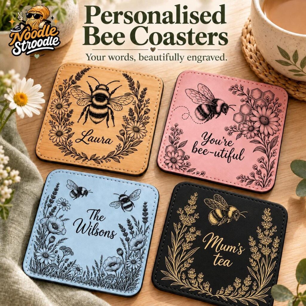 Personalised Coaster With Bee Design, Engraved Leatherette, 10 cm Square Set Options