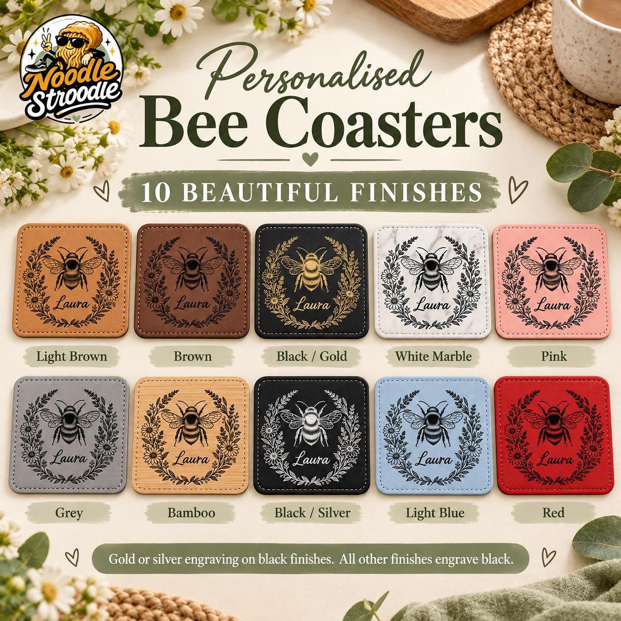 Personalised Coaster With Bee Design, Engraved Leatherette, 10 cm Square Set Options - Image 7