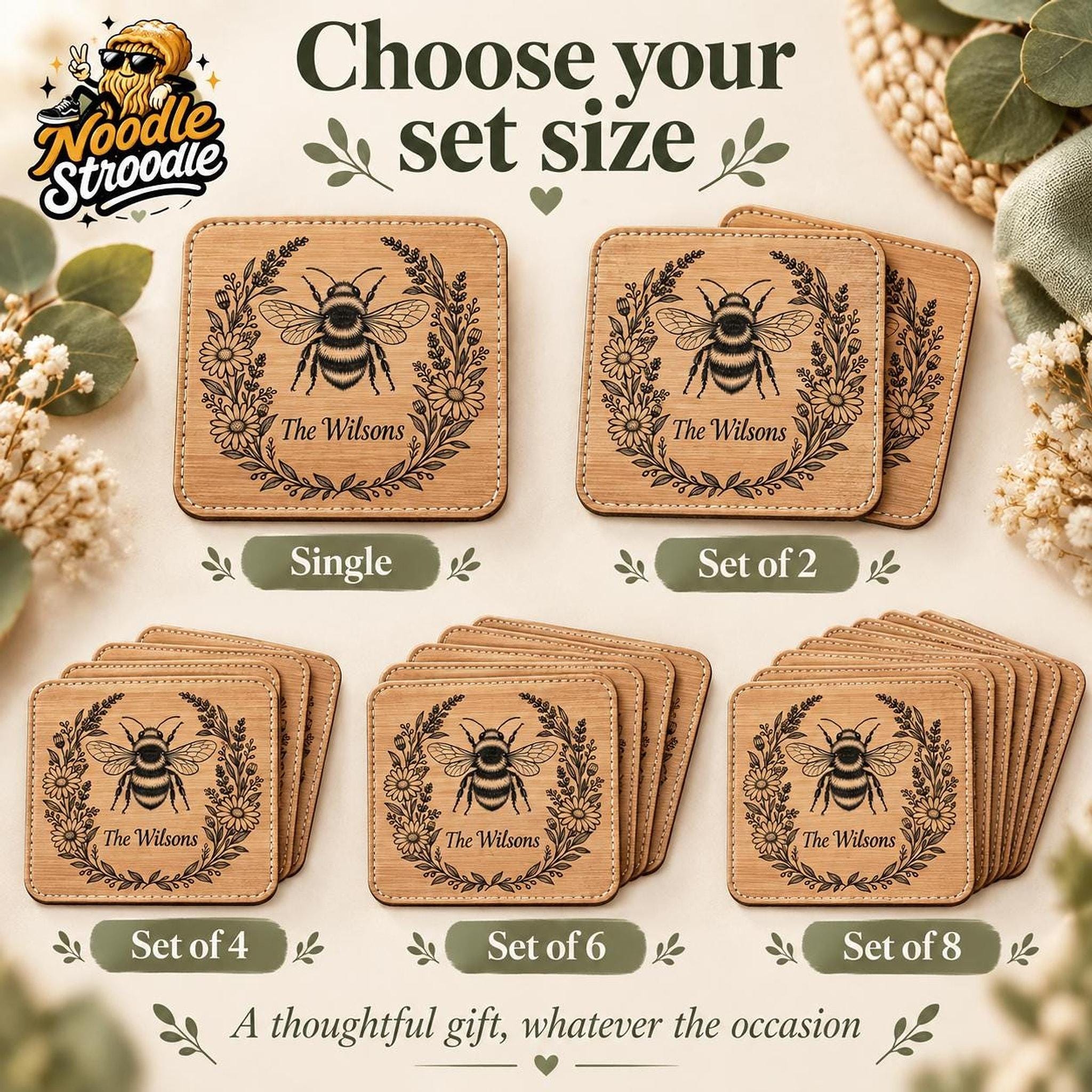 Personalised Coaster With Bee Design, Engraved Leatherette, 10 cm Square Set Options - Image 6